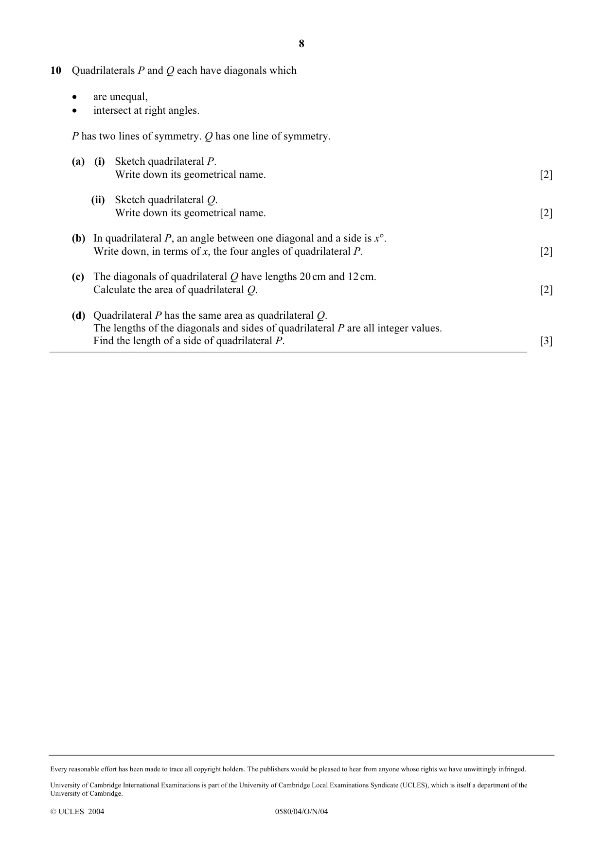 Cambridge IGCSE Mathematics 0580 2004 Oct/Nov Paper 4 · Variant 1 question paper, page 8 of 8