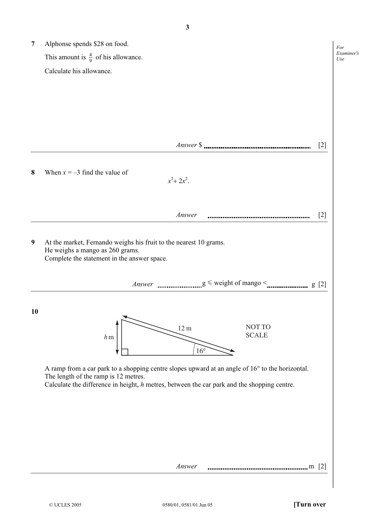 Cambridge IGCSE Mathematics 0580 2005 May/June Paper 1 · Variant 1 question paper, page 3 of 12