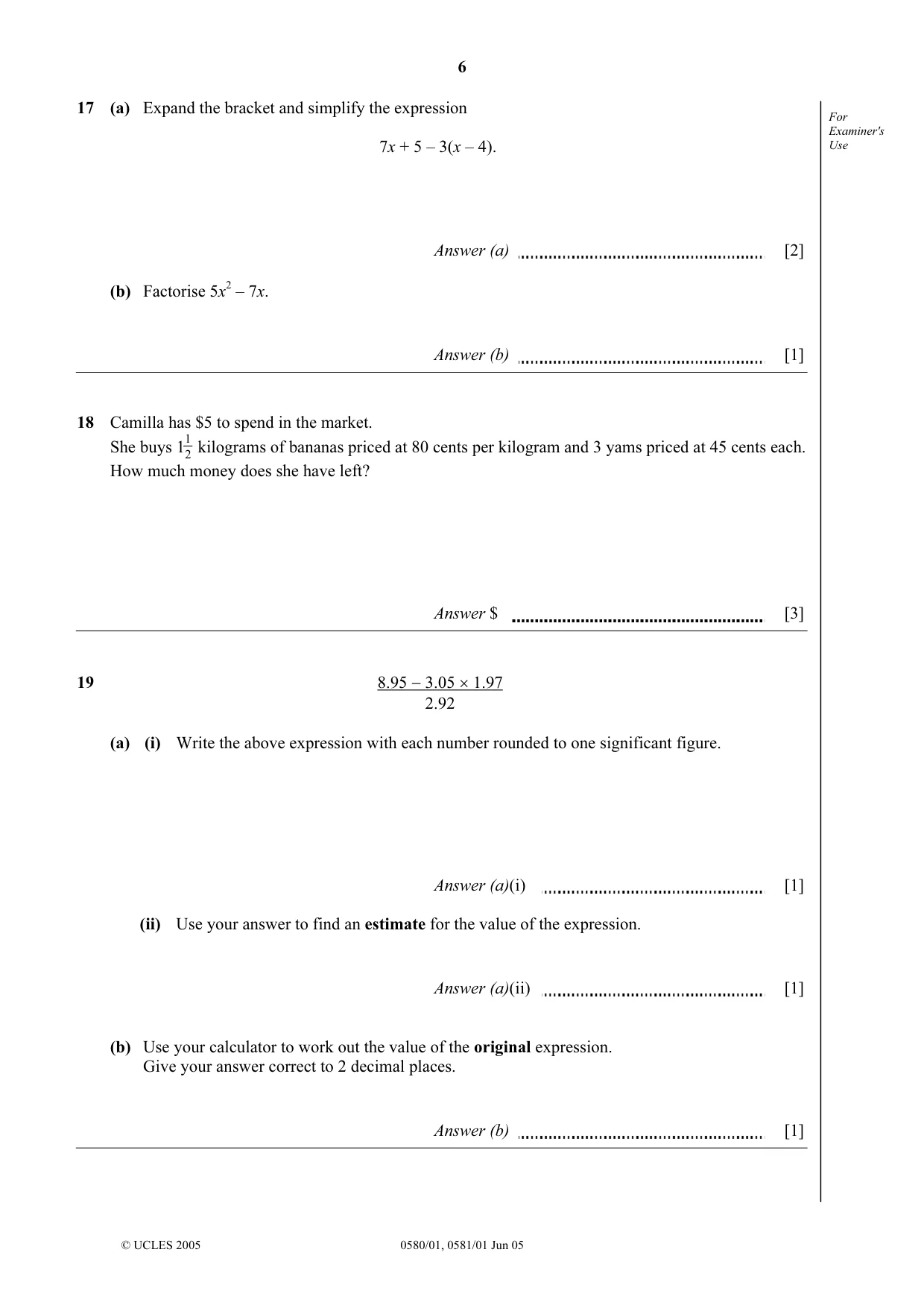 Cambridge IGCSE Mathematics 0580 2005 May/June Paper 1 · Variant 1 question paper, page 6 of 12