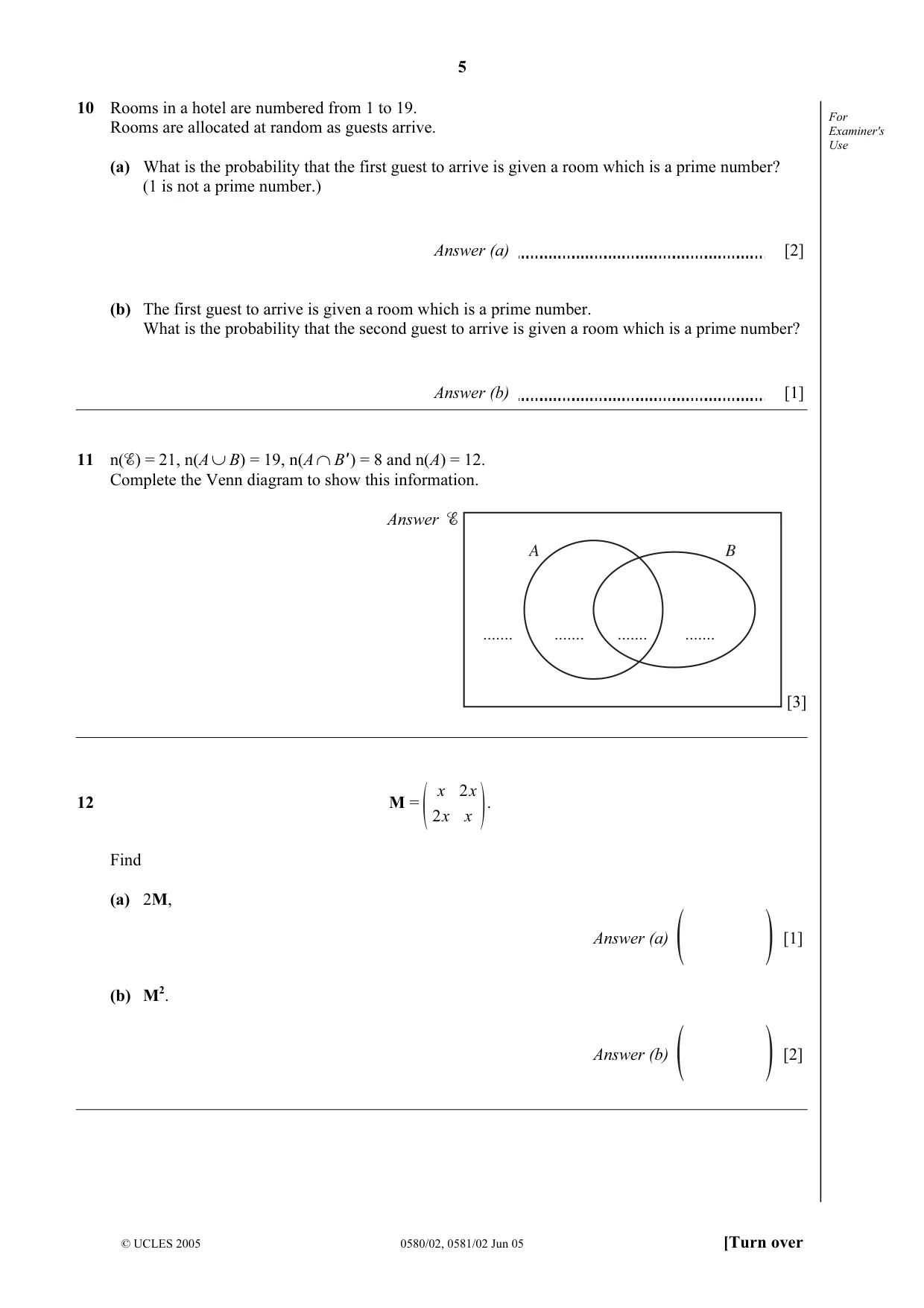 Cambridge IGCSE Mathematics 0580 2005 May/June Paper 2 · Variant 1 question paper, page 5 of 12