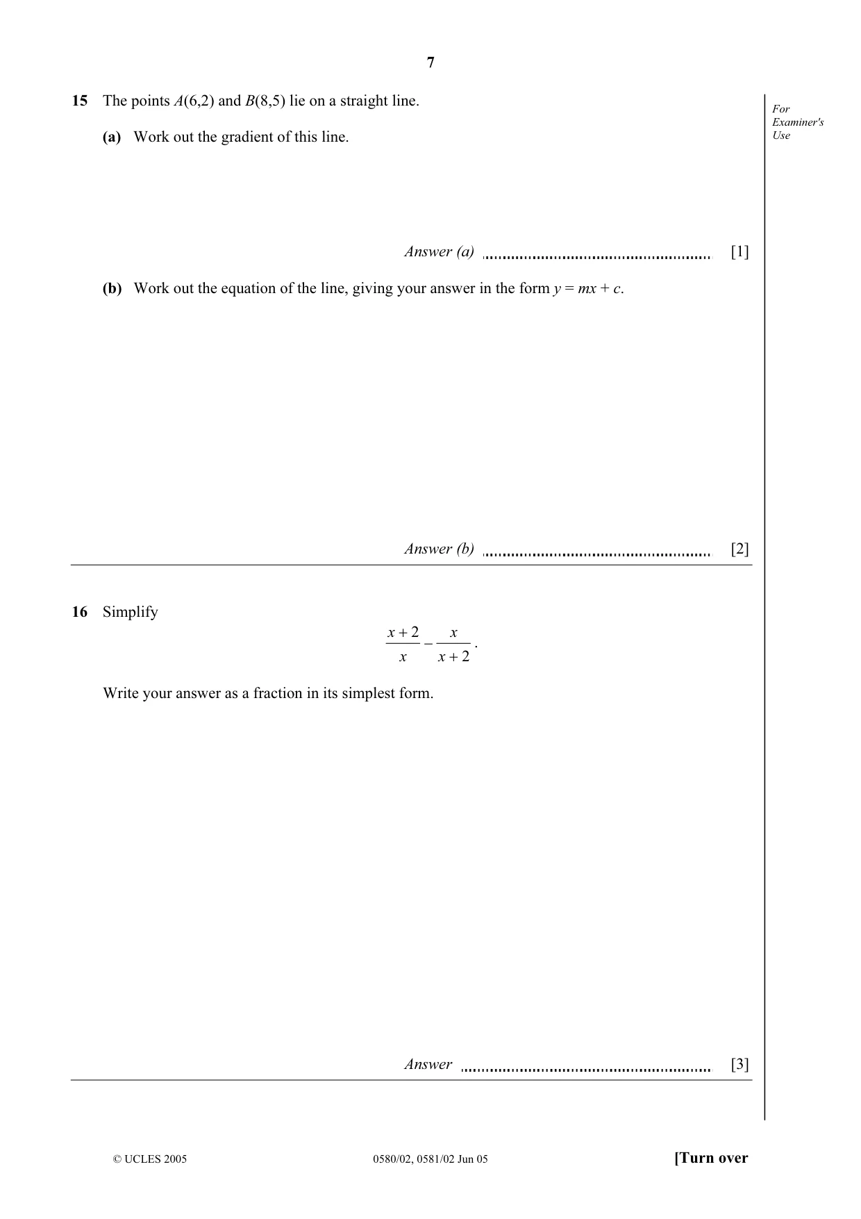 Cambridge IGCSE Mathematics 0580 2005 May/June Paper 2 · Variant 1 question paper, page 7 of 12