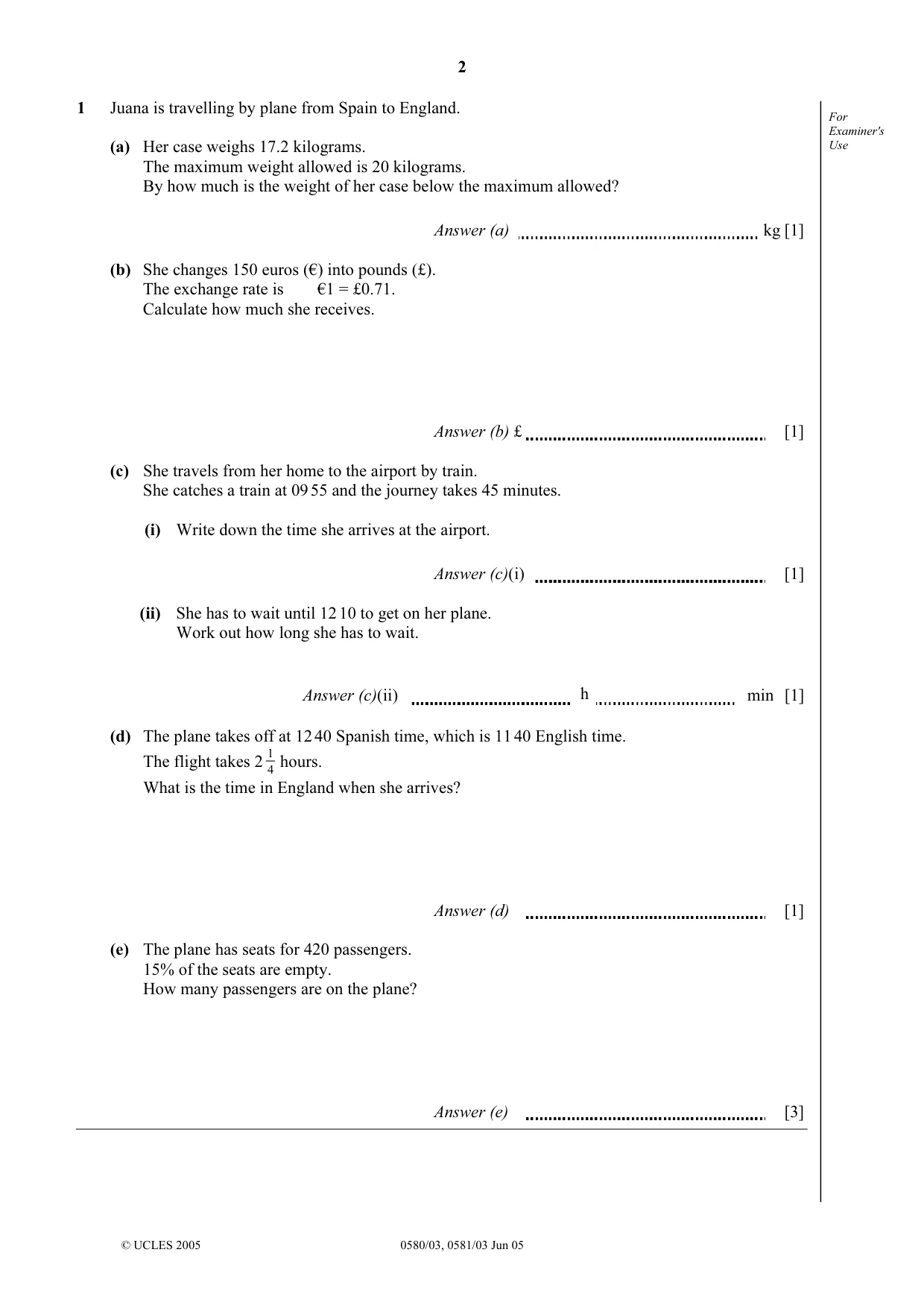 Cambridge IGCSE Mathematics 0580 2005 May/June Paper 3 · Variant 1 question paper, page 2 of 16