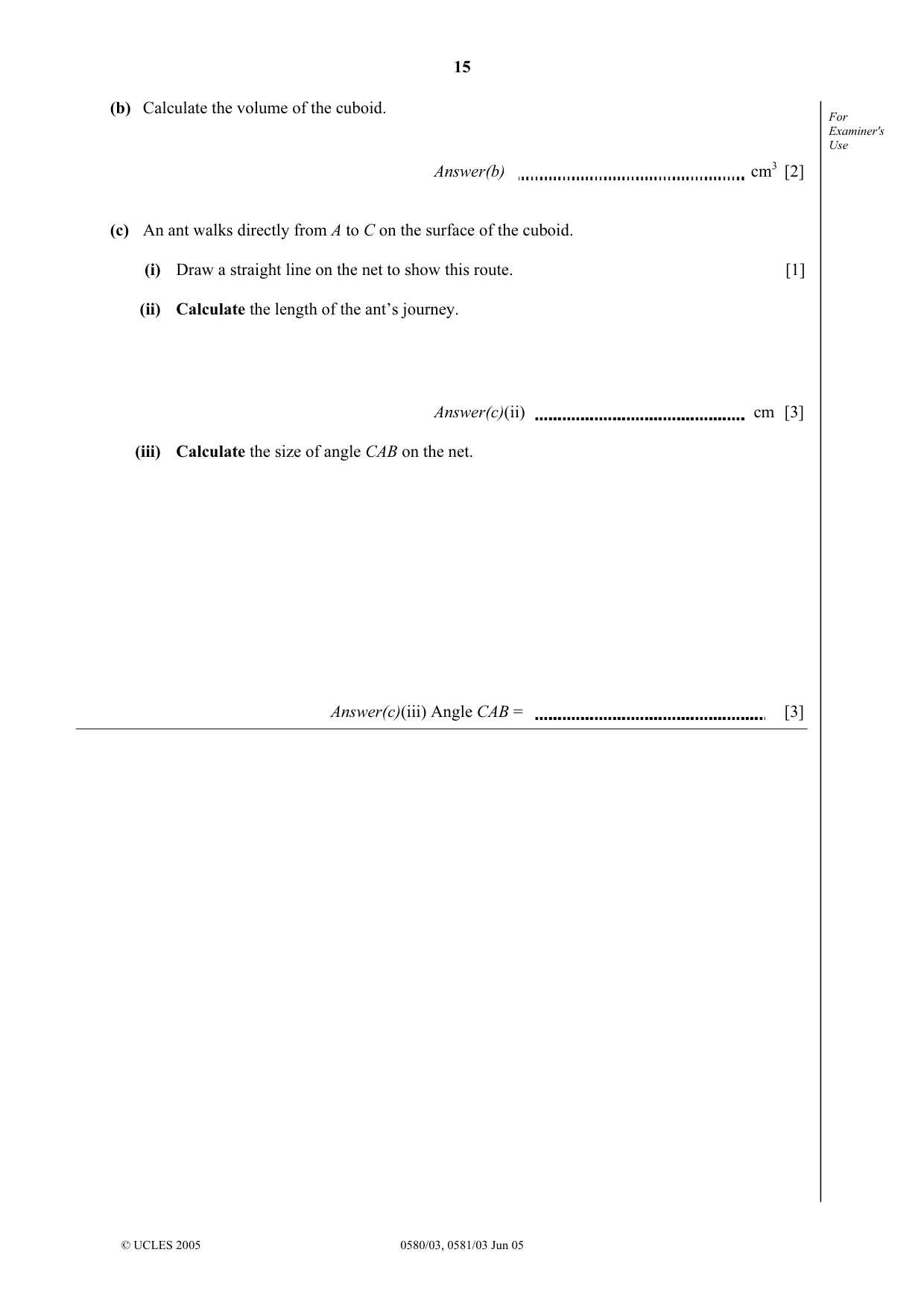 Cambridge IGCSE Mathematics 0580 2005 May/June Paper 3 · Variant 1 question paper, page 15 of 16