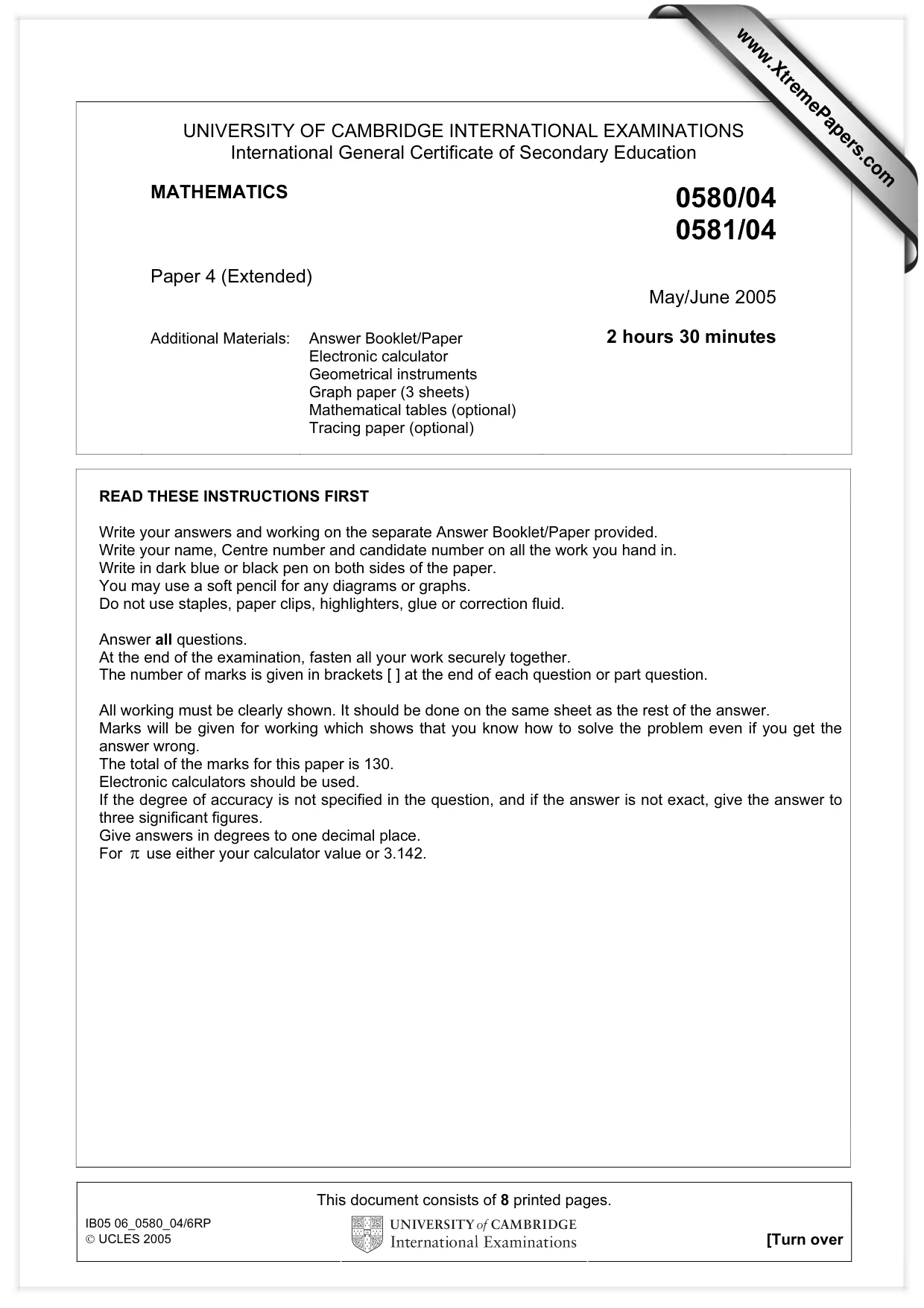 Cambridge IGCSE Mathematics 0580 2005 May/June Paper 4 · Variant 1 question paper, page 1 of 8
