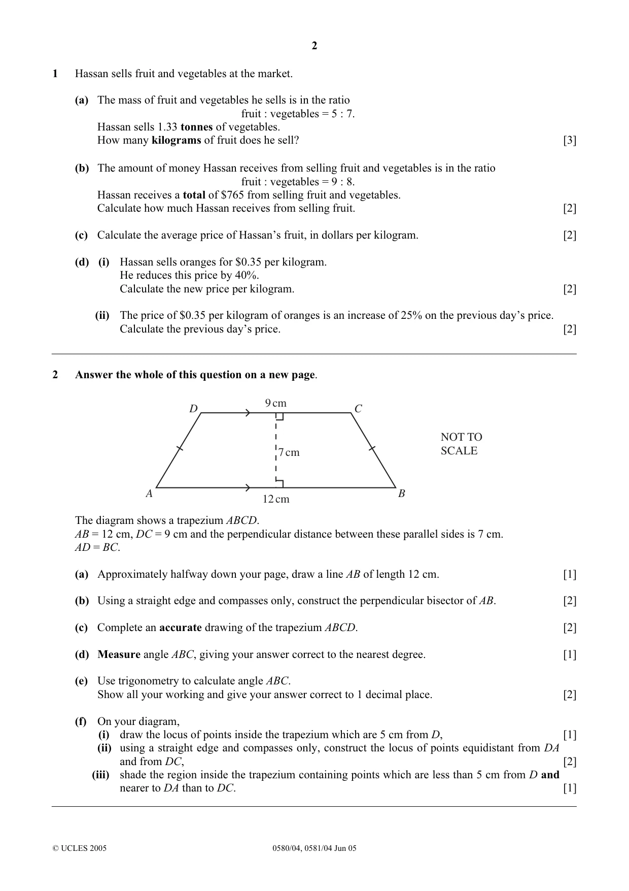 Cambridge IGCSE Mathematics 0580 2005 May/June Paper 4 · Variant 1 question paper, page 2 of 8