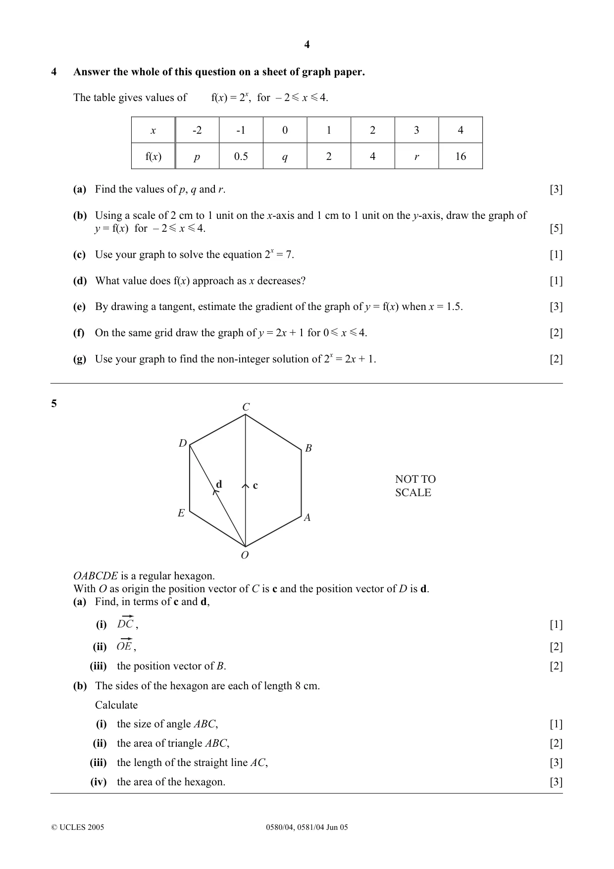 Cambridge IGCSE Mathematics 0580 2005 May/June Paper 4 · Variant 1 question paper, page 4 of 8