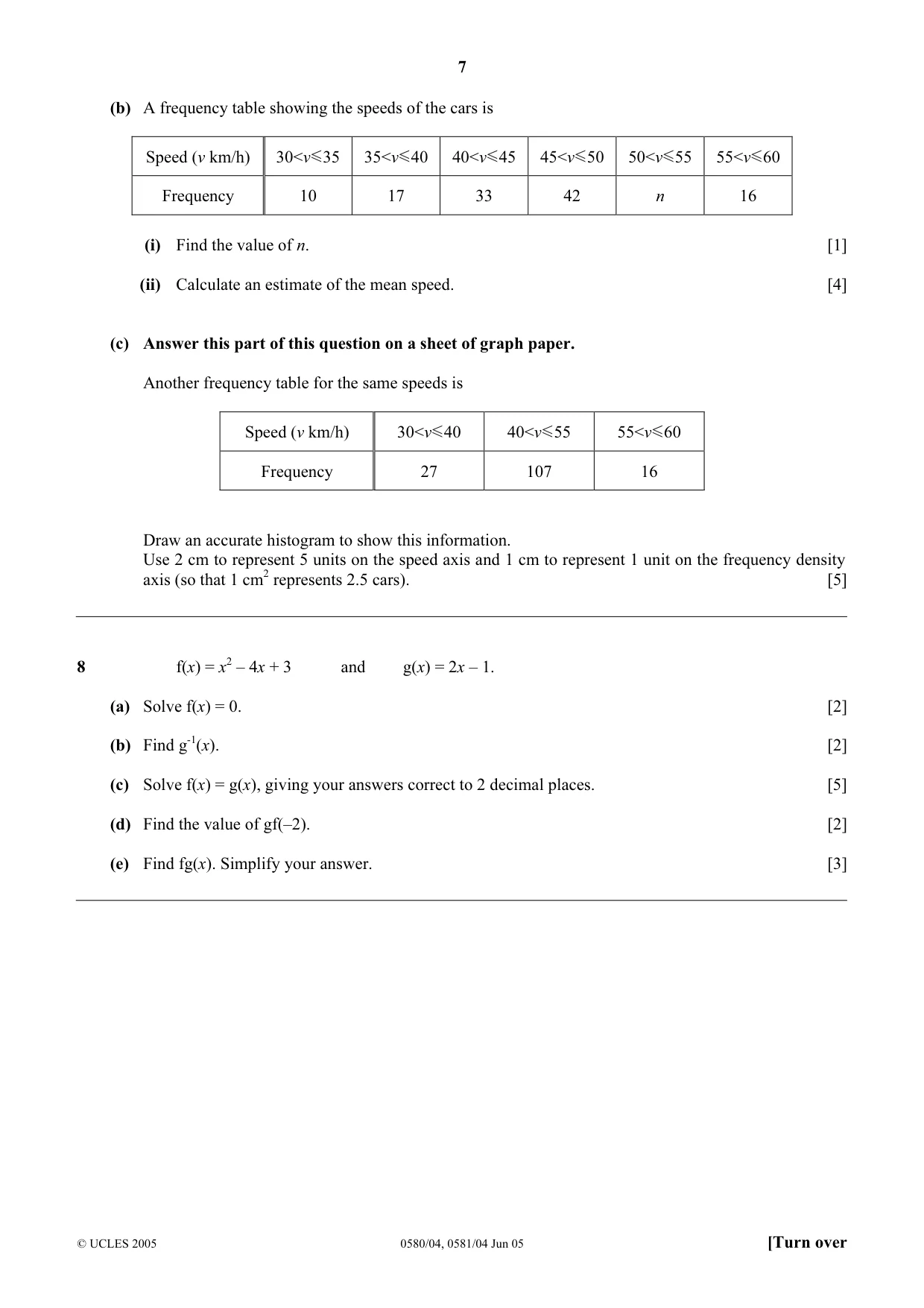 Cambridge IGCSE Mathematics 0580 2005 May/June Paper 4 · Variant 1 question paper, page 7 of 8