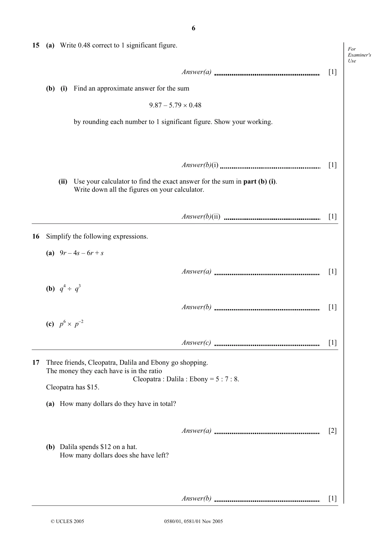Cambridge IGCSE Mathematics 0580 2005 Oct/Nov Paper 1 · Variant 1 question paper, page 6 of 12