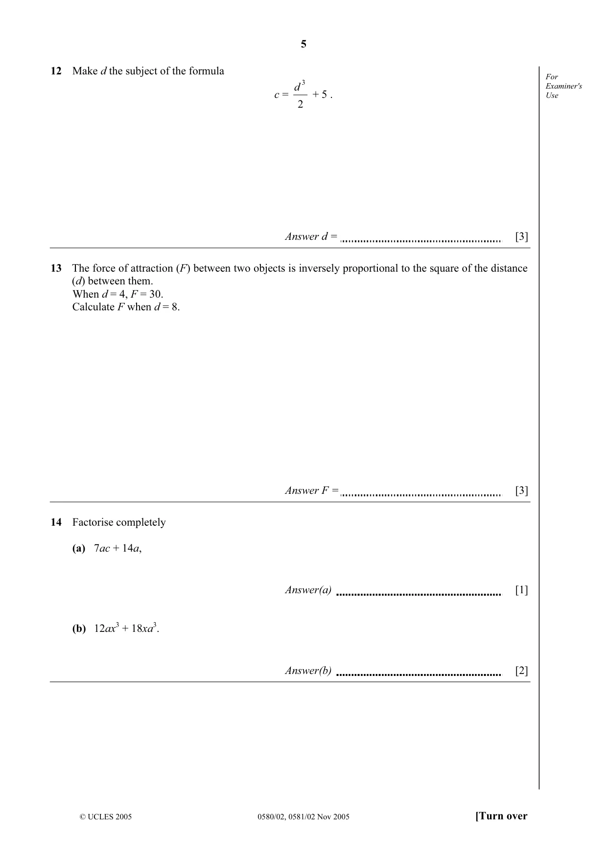 Cambridge IGCSE Mathematics 0580 2005 Oct/Nov Paper 2 · Variant 1 question paper, page 5 of 12