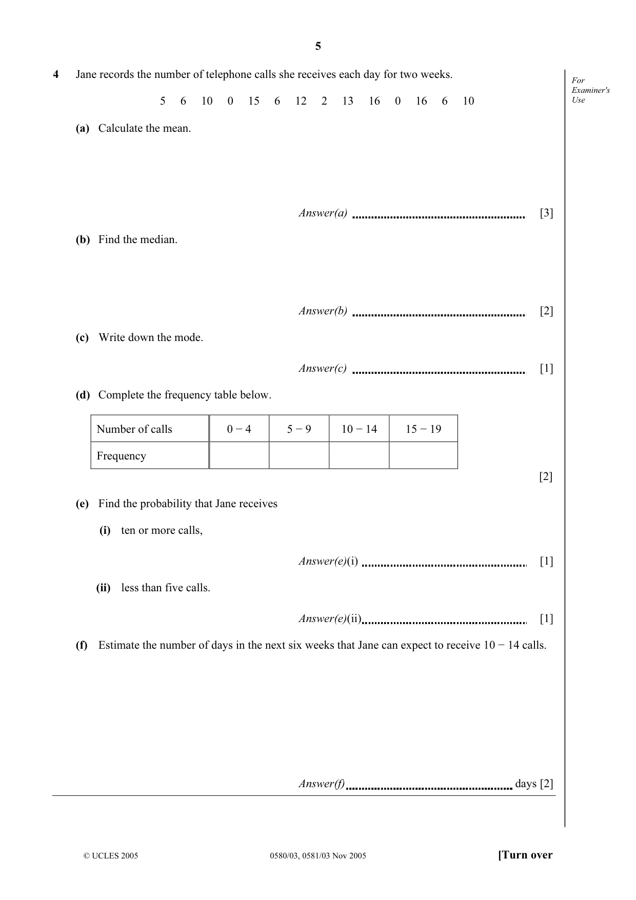 Cambridge IGCSE Mathematics 0580 2005 Oct/Nov Paper 3 · Variant 1 question paper, page 5 of 12