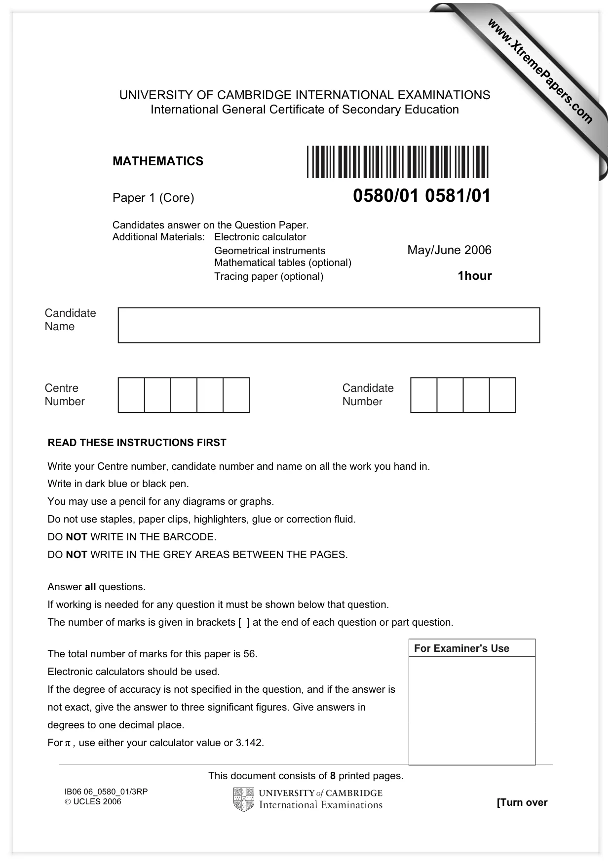 Cambridge IGCSE Mathematics 0580 2006 May/June Paper 1 · Variant 1 question paper, page 1 of 8