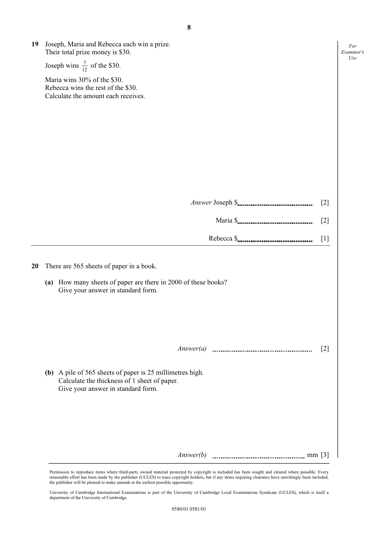 Cambridge IGCSE Mathematics 0580 2006 May/June Paper 1 · Variant 1 question paper, page 8 of 8