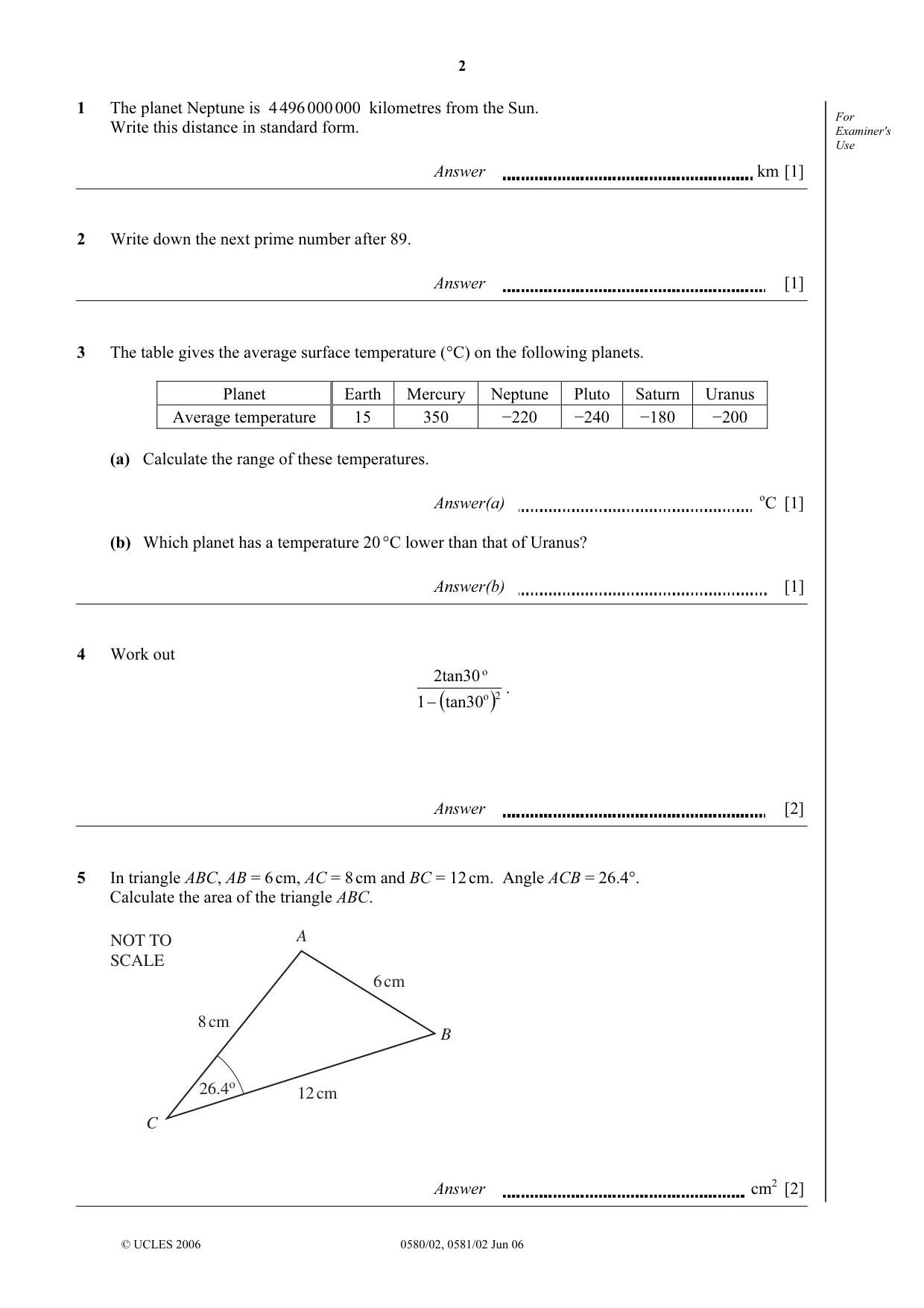 Cambridge IGCSE Mathematics 0580 2006 May/June Paper 2 · Variant 1 question paper, page 2 of 12
