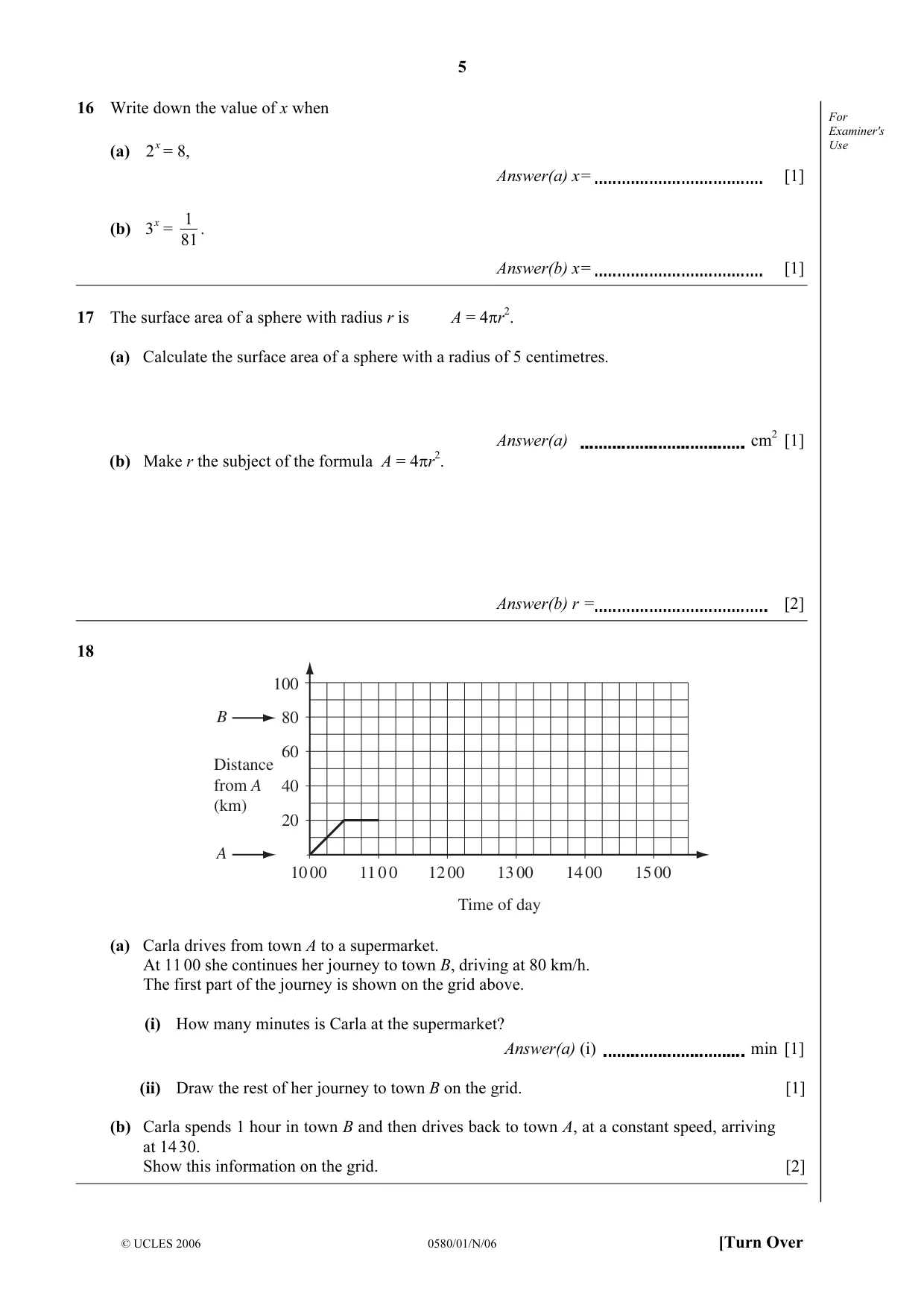 Cambridge IGCSE Mathematics 0580 2006 Oct/Nov Paper 1 · Variant 1 question paper, page 5 of 8