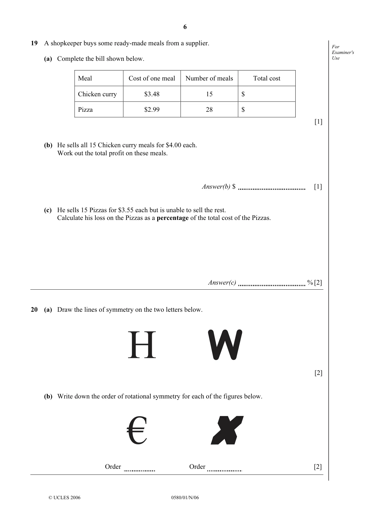 Cambridge IGCSE Mathematics 0580 2006 Oct/Nov Paper 1 · Variant 1 question paper, page 6 of 8