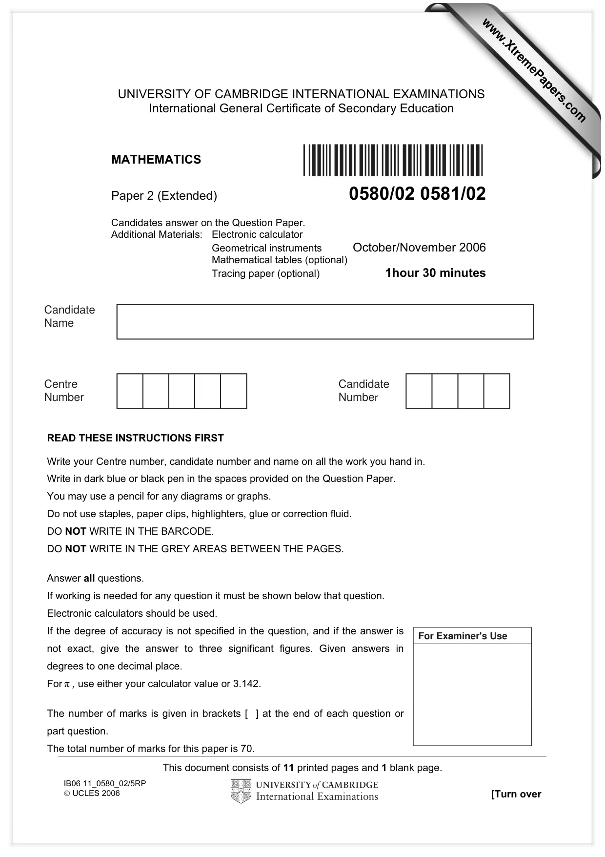 Cambridge IGCSE Mathematics 0580 2006 Oct/Nov Paper 2 · Variant 1 question paper, page 1 of 12