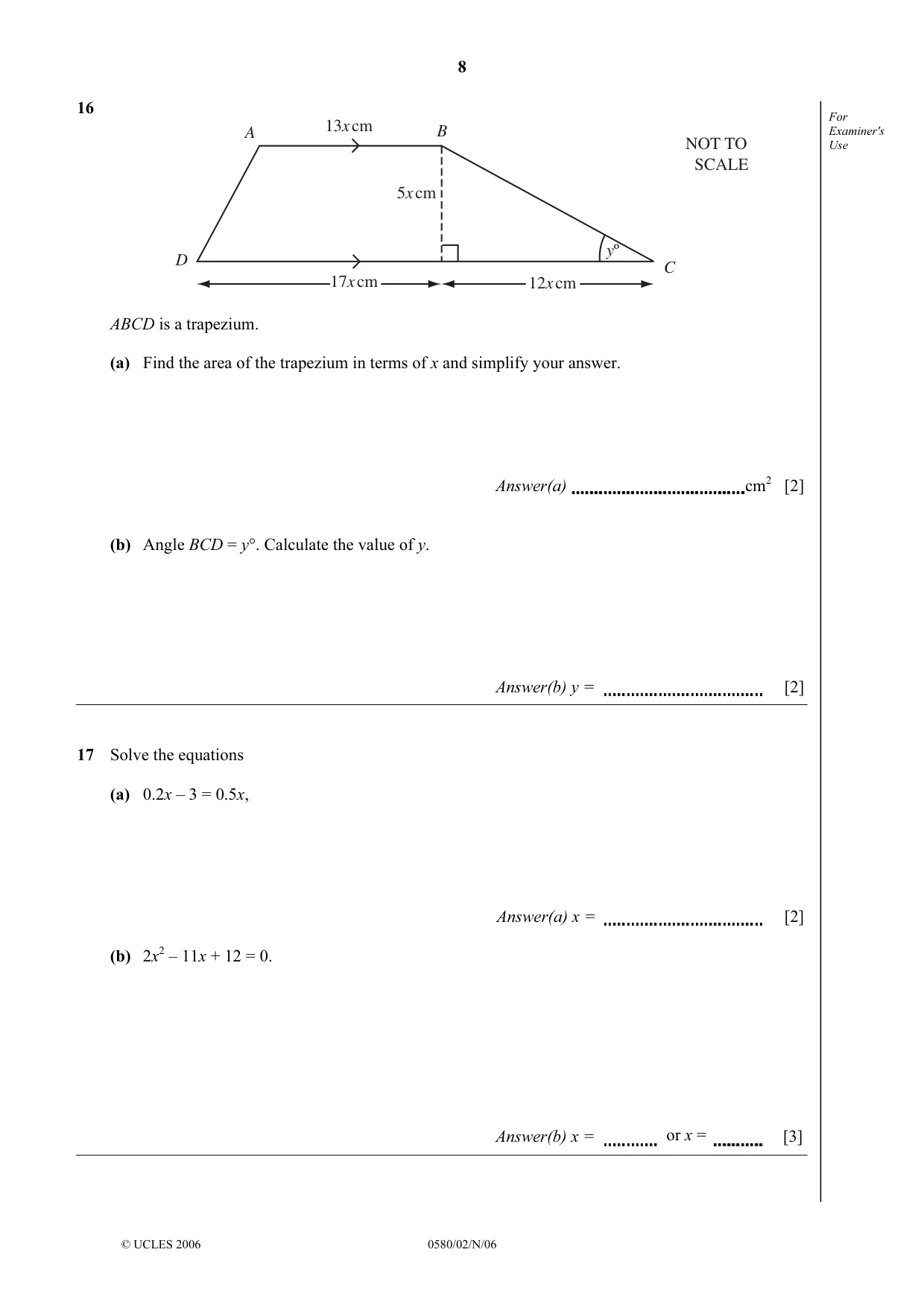 Cambridge IGCSE Mathematics 0580 2006 Oct/Nov Paper 2 · Variant 1 question paper, page 8 of 12