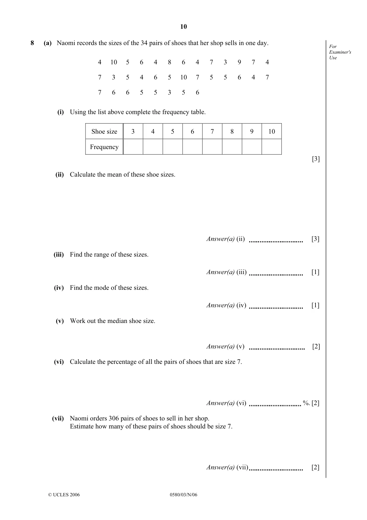 Cambridge IGCSE Mathematics 0580 2006 Oct/Nov Paper 3 · Variant 1 question paper, page 10 of 16