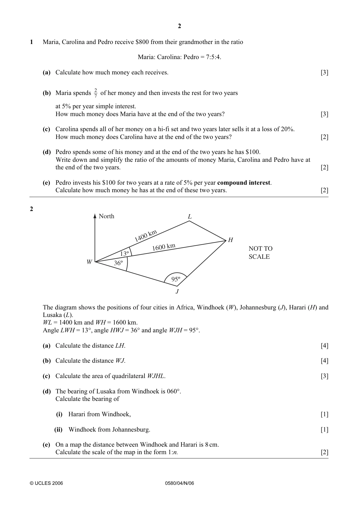 Cambridge IGCSE Mathematics 0580 2006 Oct/Nov Paper 4 · Variant 1 question paper, page 2 of 8
