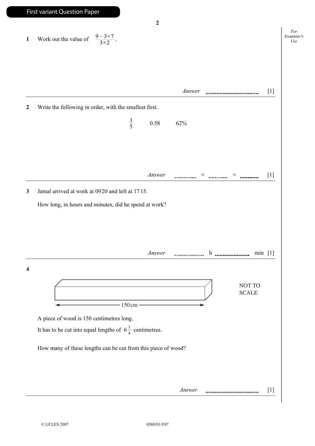 Cambridge IGCSE Mathematics 0580 2007 May/June Paper 1 · Variant 1 question paper, page 3 of 25