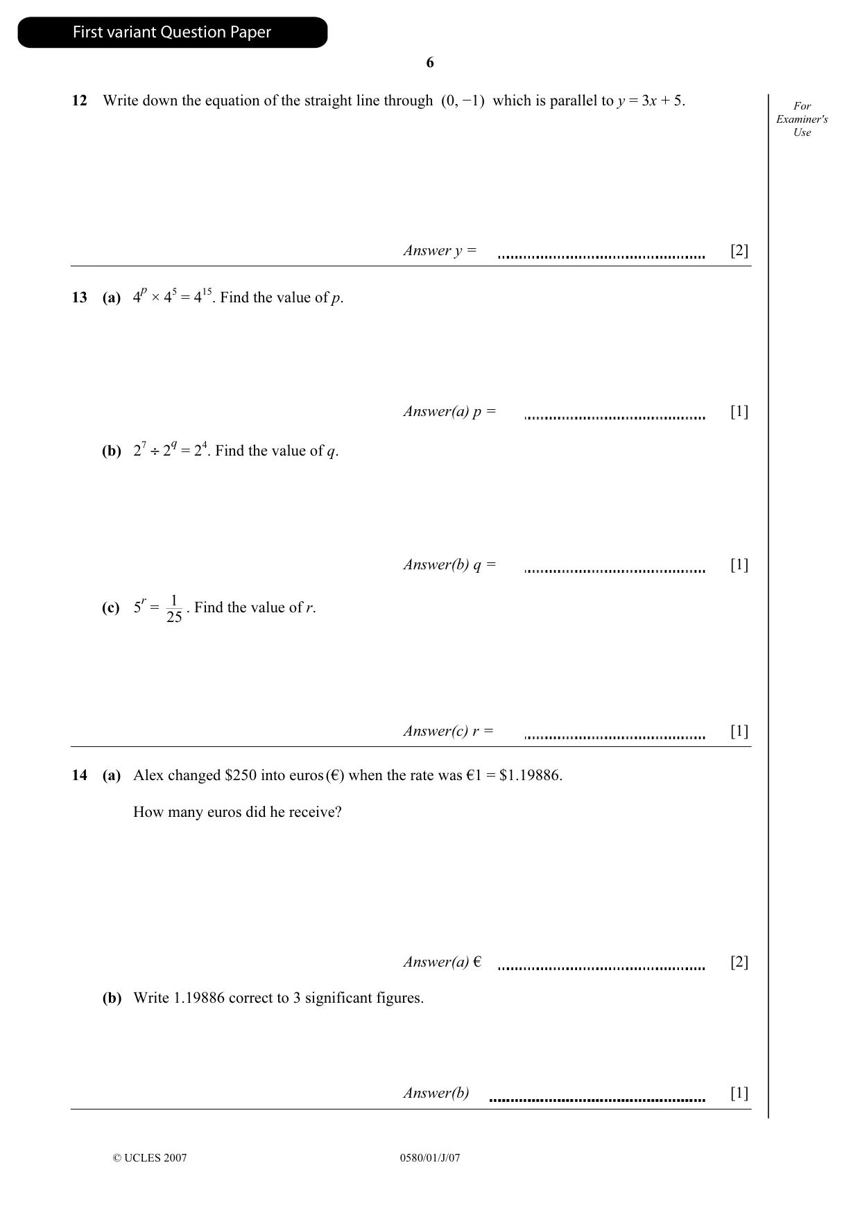 Cambridge IGCSE Mathematics 0580 2007 May/June Paper 1 · Variant 1 question paper, page 7 of 25