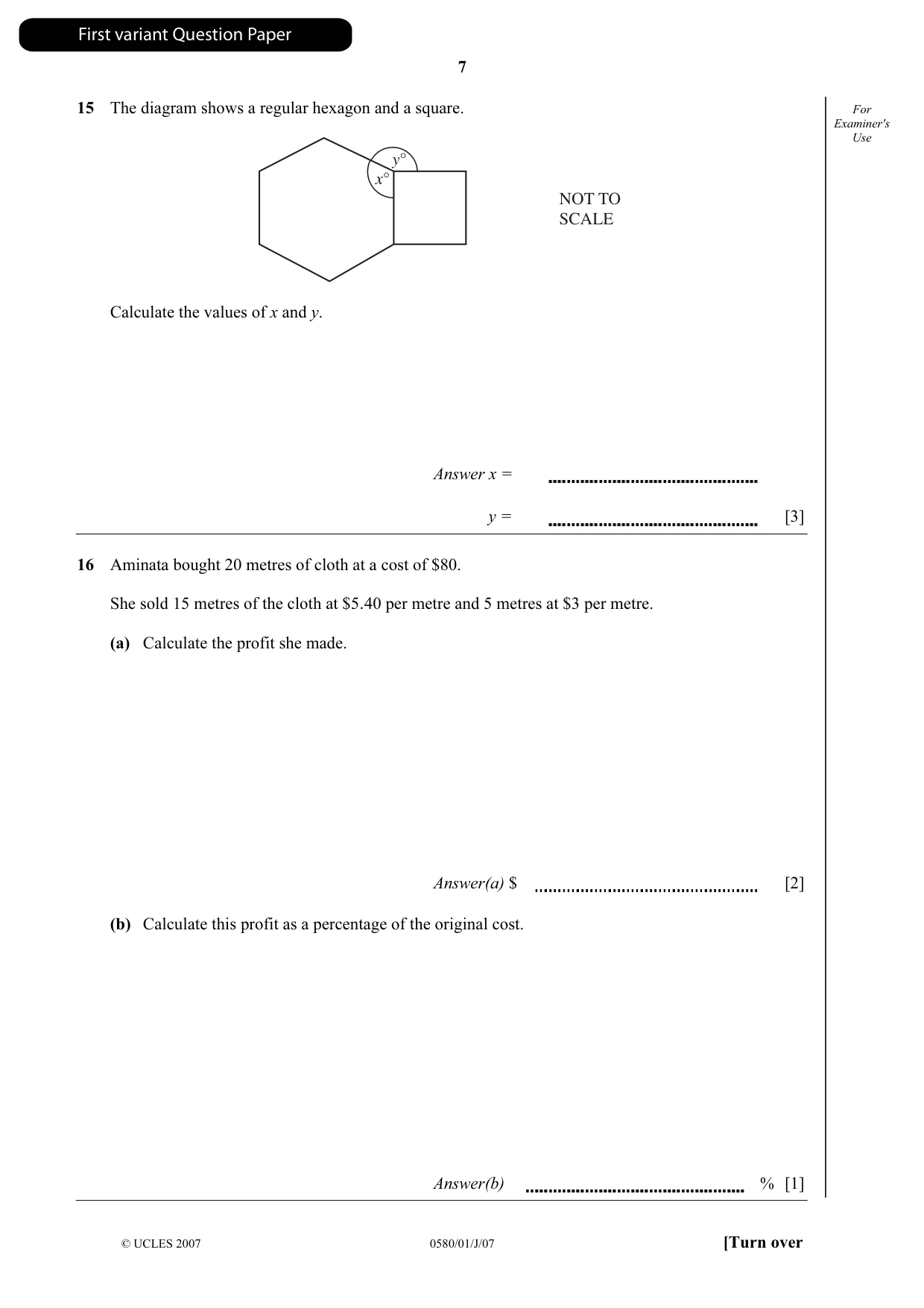 Cambridge IGCSE Mathematics 0580 2007 May/June Paper 1 · Variant 1 question paper, page 8 of 25