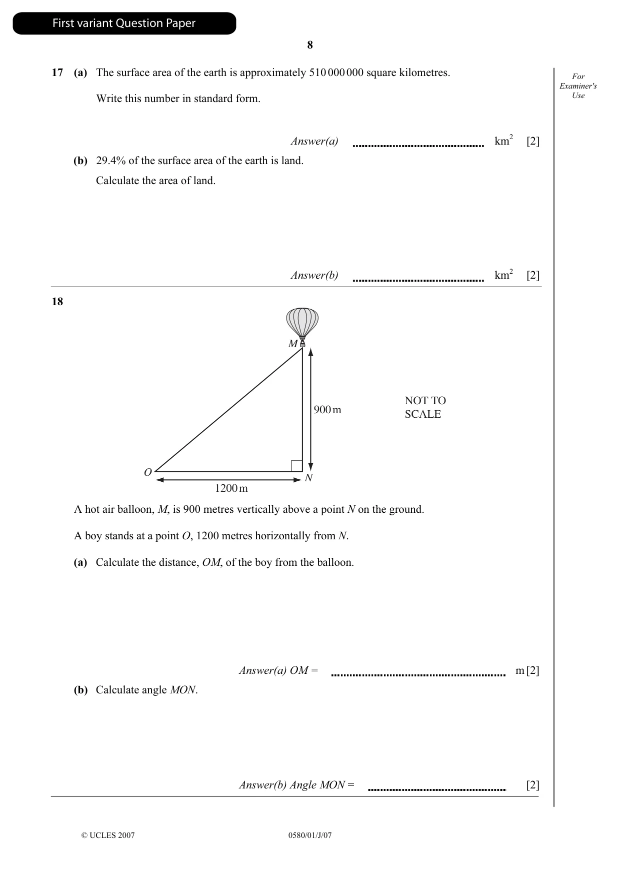 Cambridge IGCSE Mathematics 0580 2007 May/June Paper 1 · Variant 1 question paper, page 9 of 25