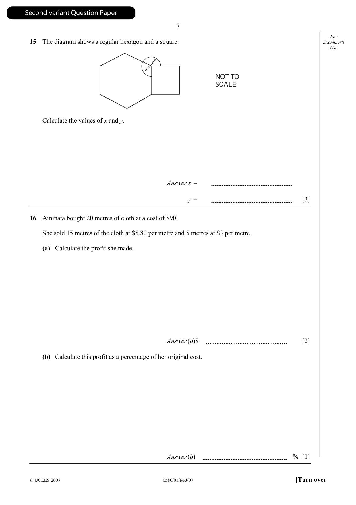 Cambridge IGCSE Mathematics 0580 2007 May/June Paper 1 · Variant 1 question paper, page 20 of 25