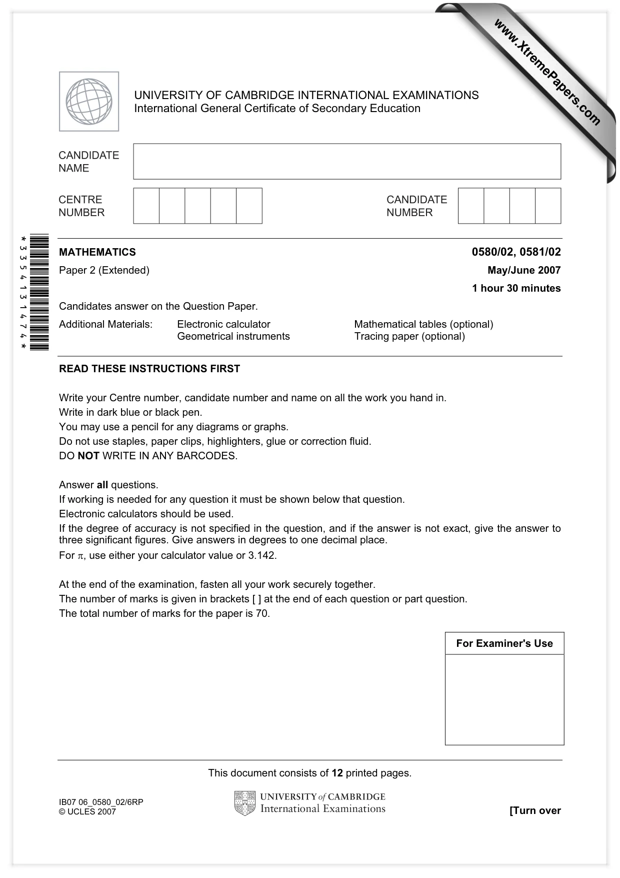 Cambridge IGCSE Mathematics 0580 2007 May/June Paper 2 · Variant 1 question paper, page 1 of 12