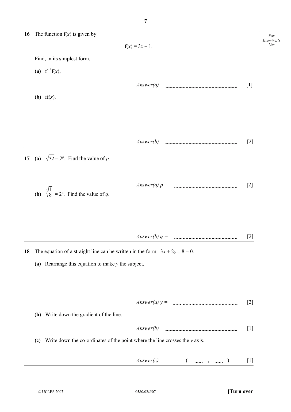 Cambridge IGCSE Mathematics 0580 2007 May/June Paper 2 · Variant 1 question paper, page 7 of 12