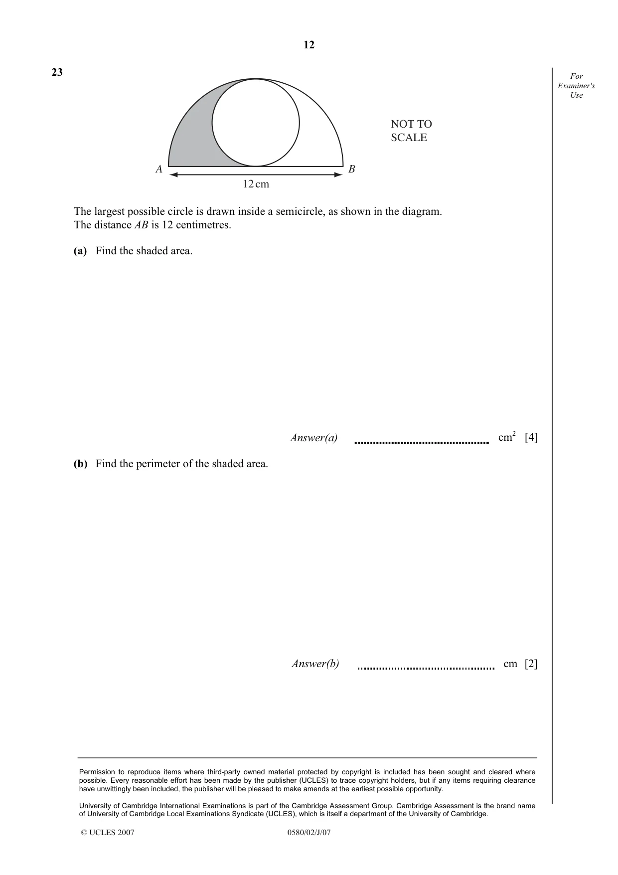 Cambridge IGCSE Mathematics 0580 2007 May/June Paper 2 · Variant 1 question paper, page 12 of 12