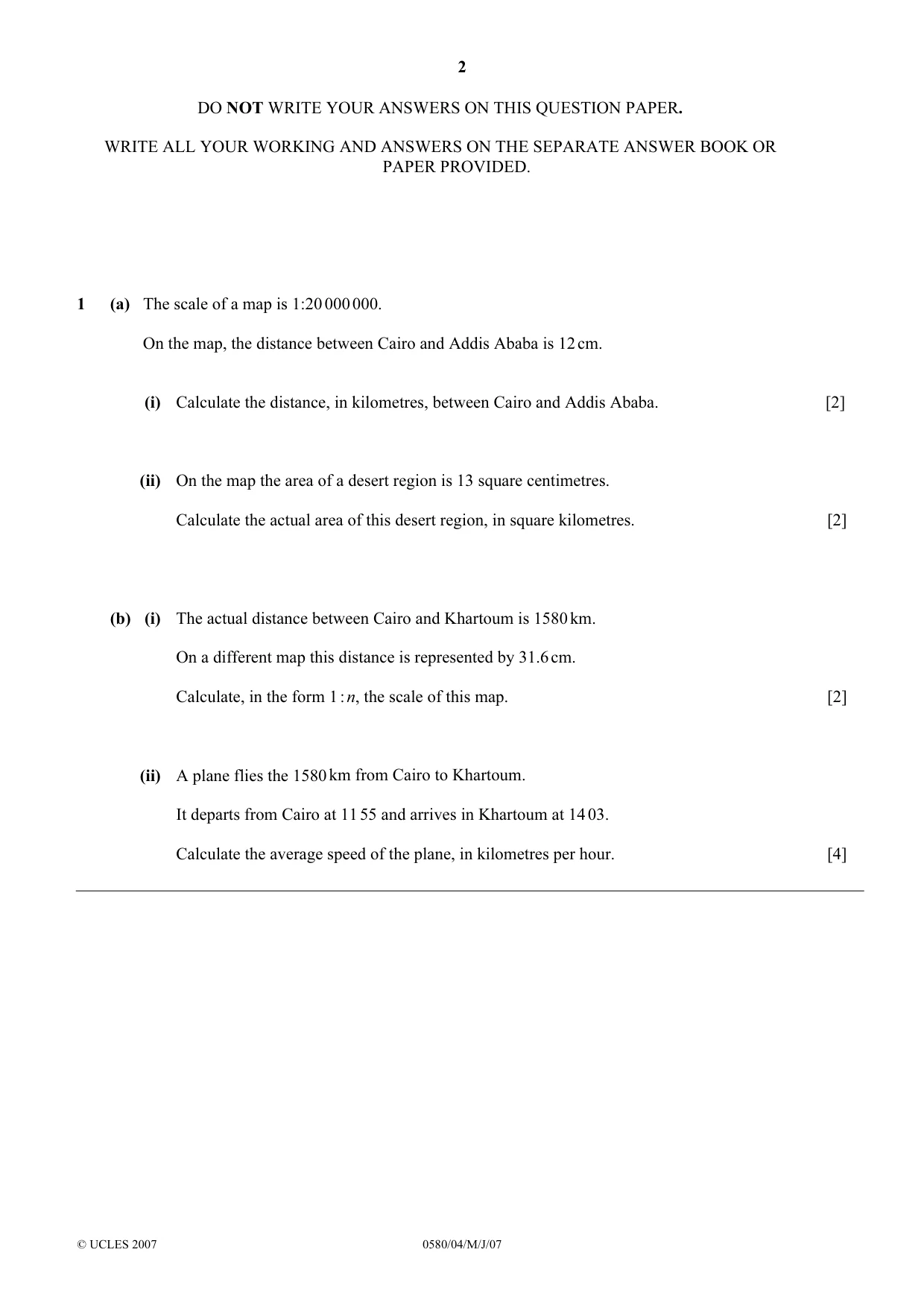Cambridge IGCSE Mathematics 0580 2007 May/June Paper 4 · Variant 1 question paper, page 2 of 12
