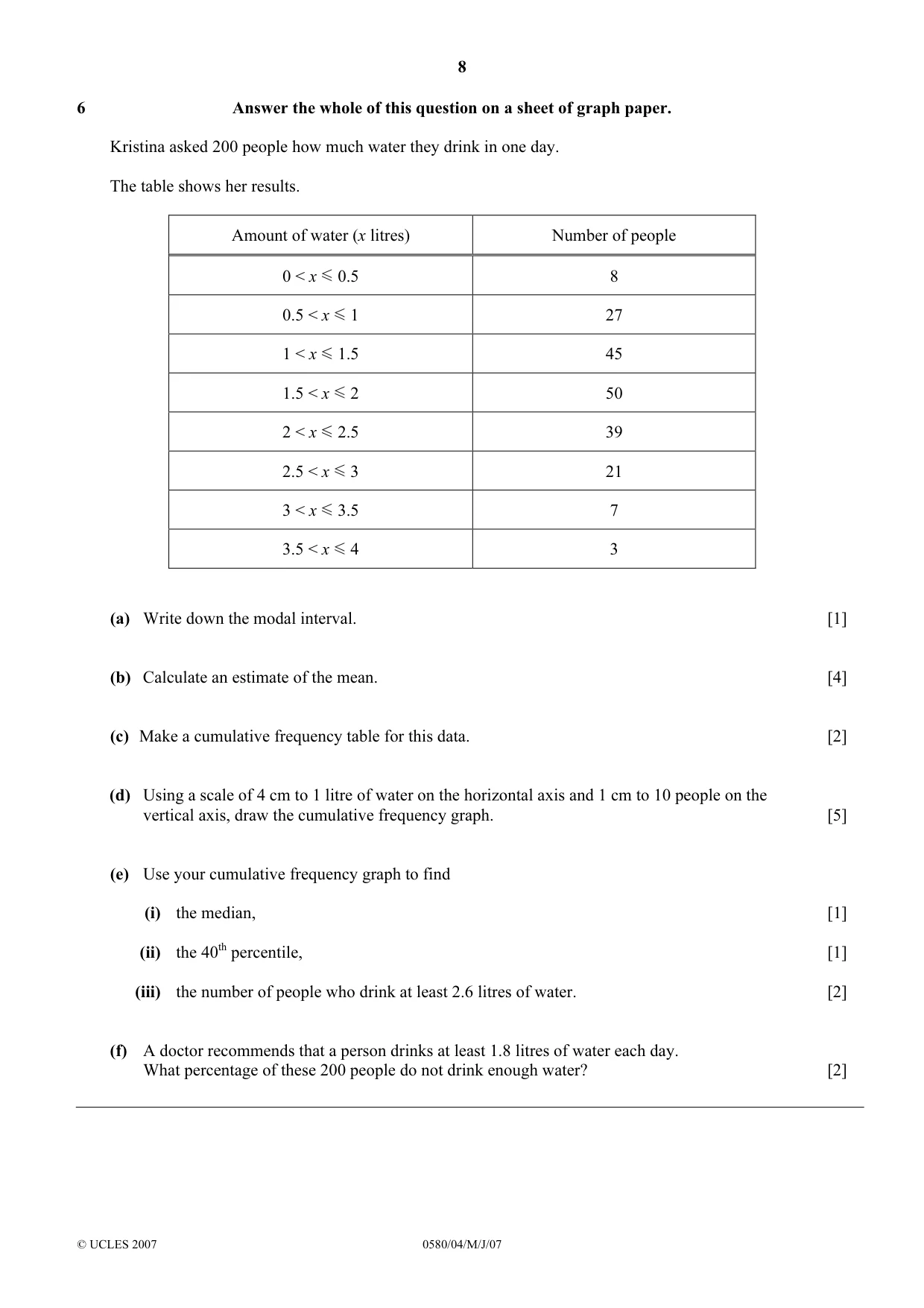 Cambridge IGCSE Mathematics 0580 2007 May/June Paper 4 · Variant 1 question paper, page 8 of 12