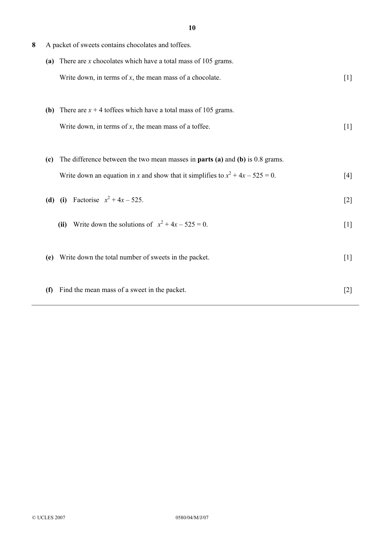 Cambridge IGCSE Mathematics 0580 2007 May/June Paper 4 · Variant 1 question paper, page 10 of 12