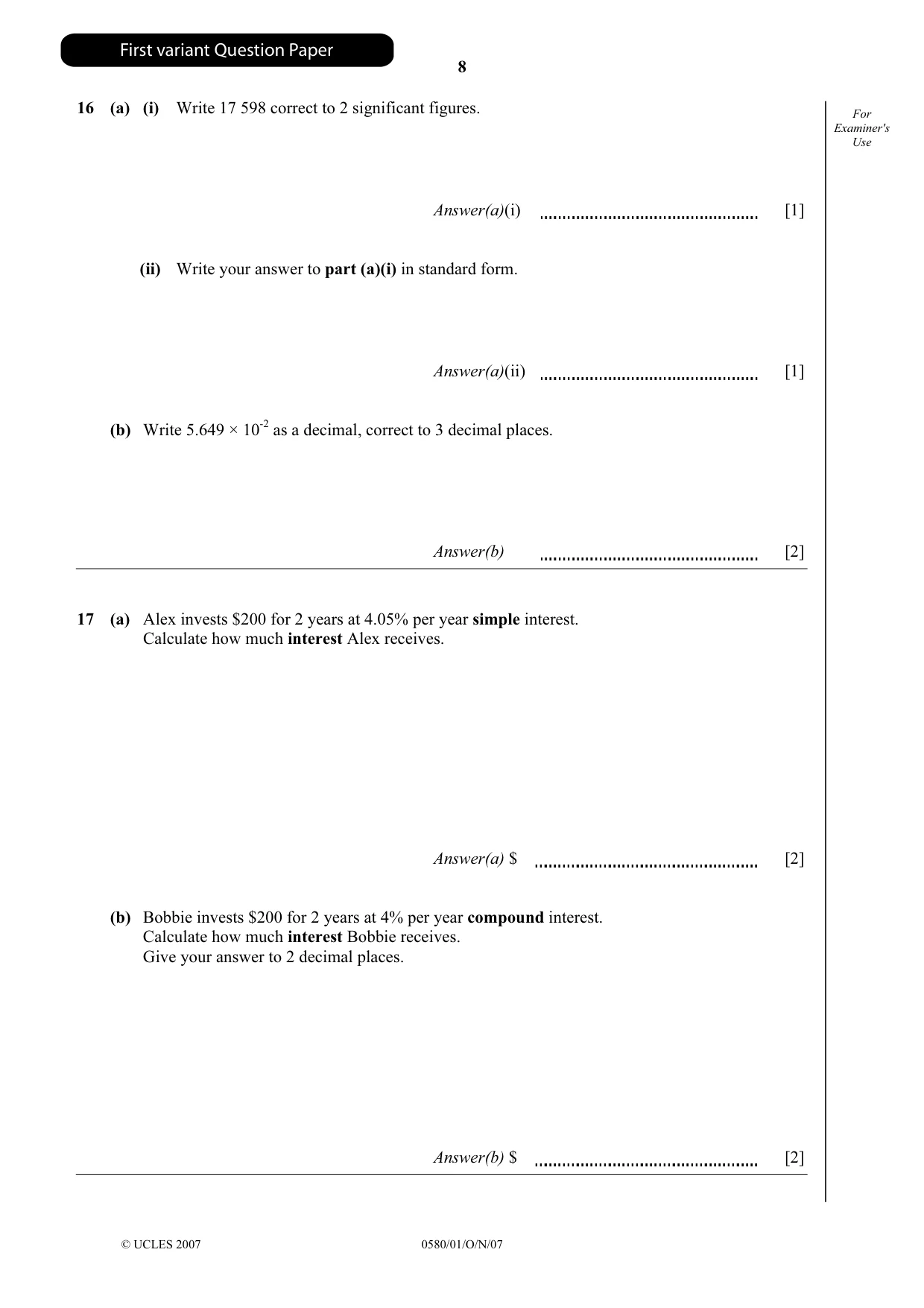 Cambridge IGCSE Mathematics 0580 2007 Oct/Nov Paper 1 · Variant 1 question paper, page 9 of 25