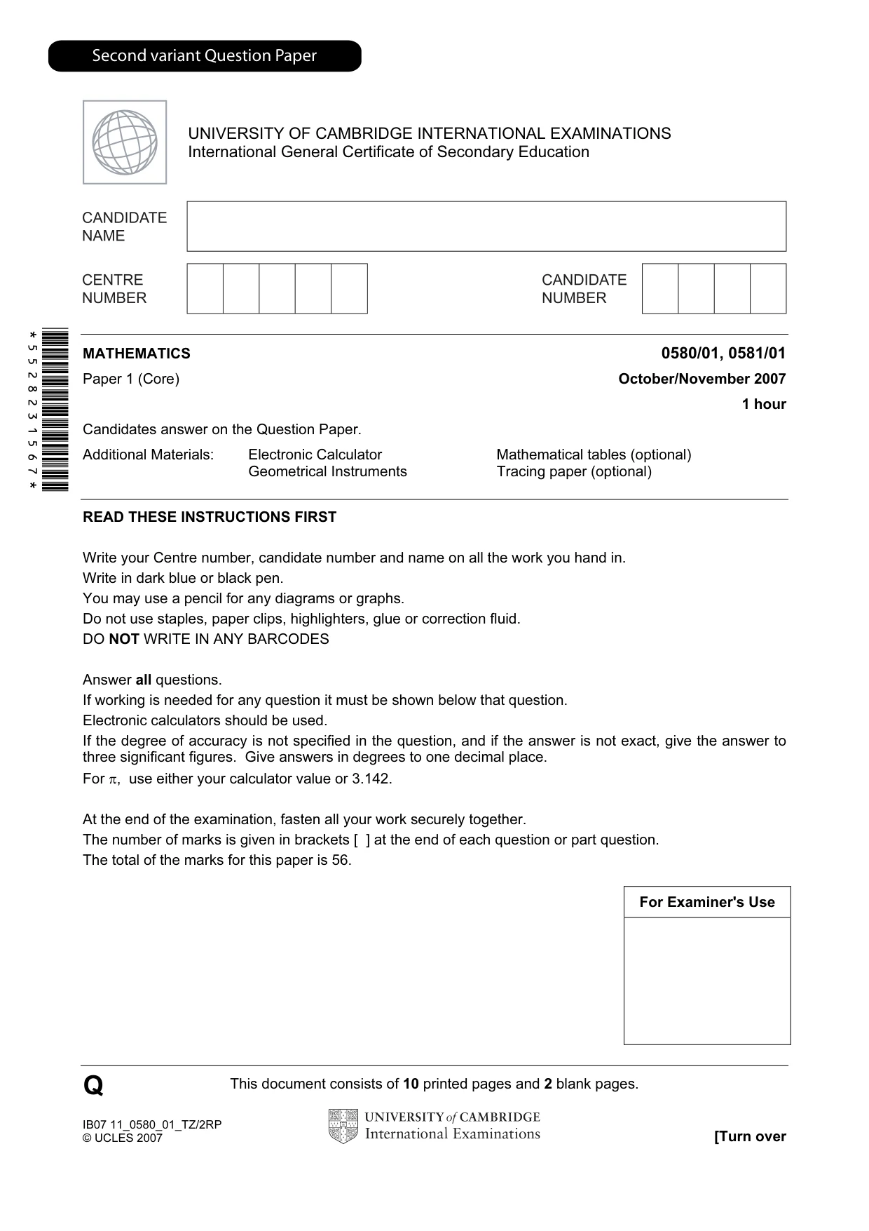 Cambridge IGCSE Mathematics 0580 2007 Oct/Nov Paper 1 · Variant 1 question paper, page 14 of 25