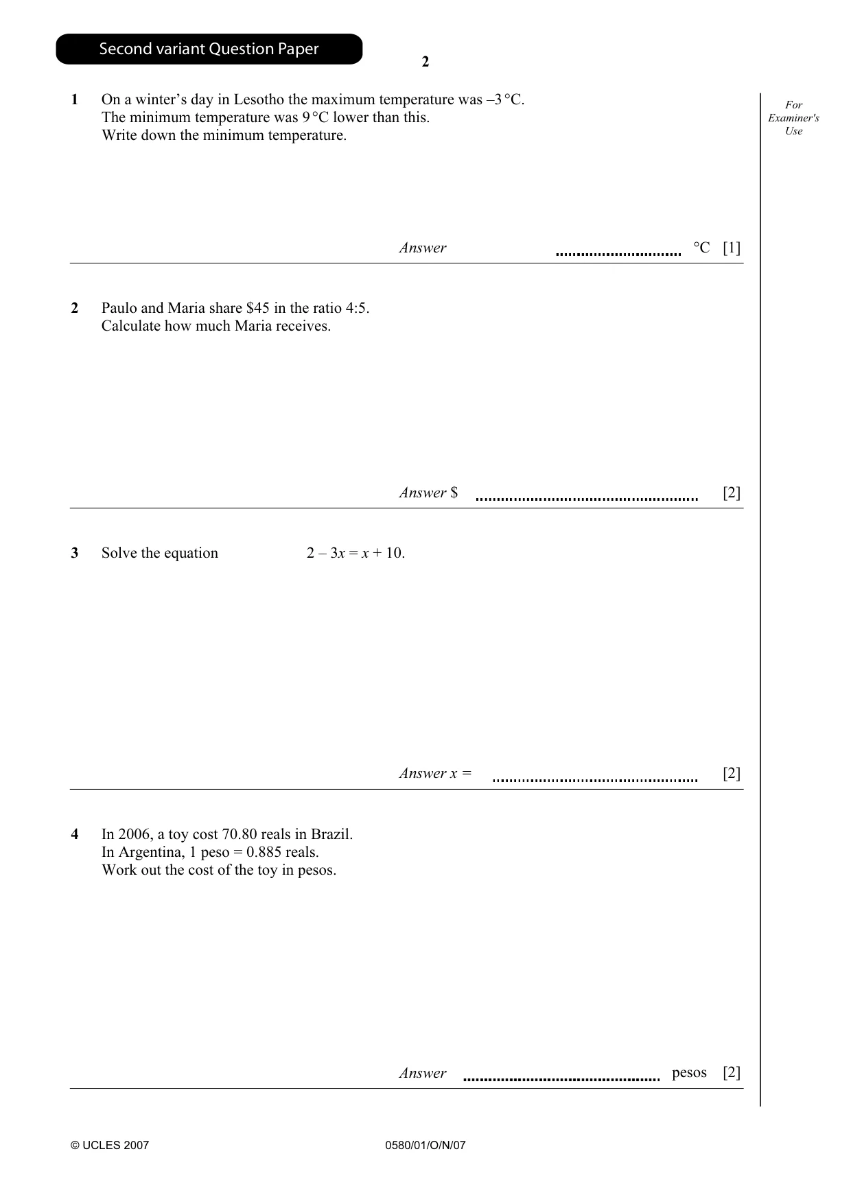 Cambridge IGCSE Mathematics 0580 2007 Oct/Nov Paper 1 · Variant 1 question paper, page 15 of 25