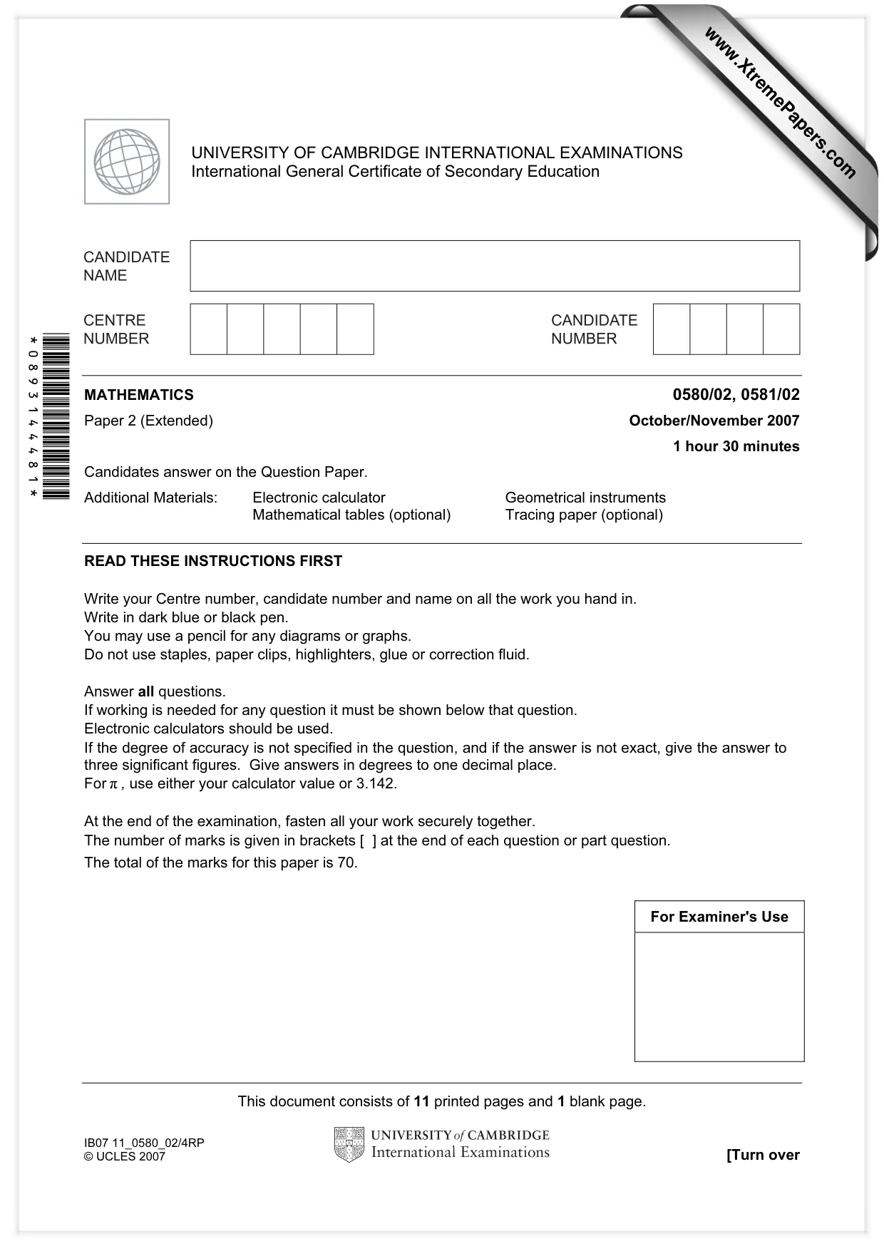 Cambridge IGCSE Mathematics 0580 2007 Oct/Nov Paper 2 · Variant 1 question paper, page 1 of 12