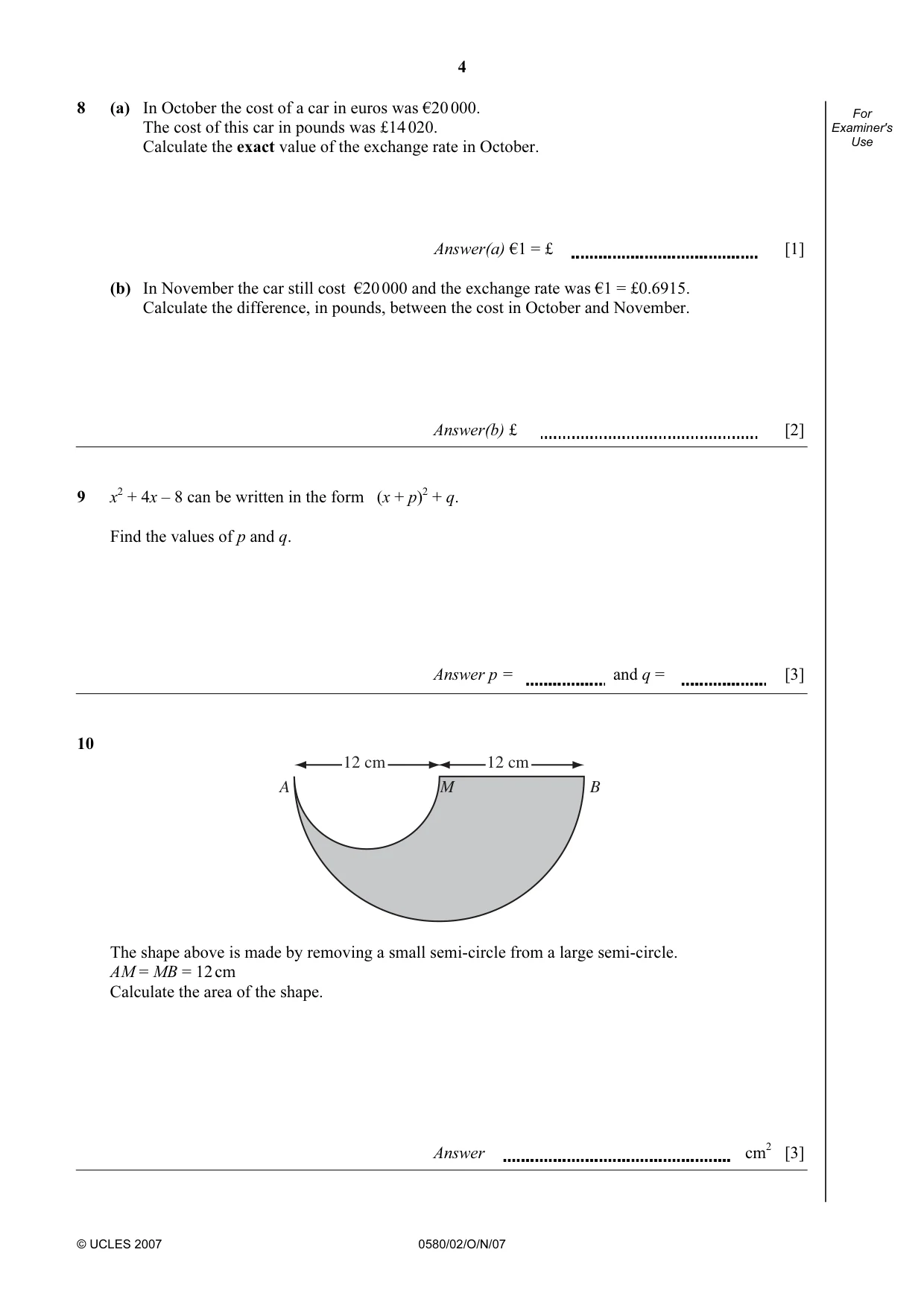 Cambridge IGCSE Mathematics 0580 2007 Oct/Nov Paper 2 · Variant 1 question paper, page 4 of 12
