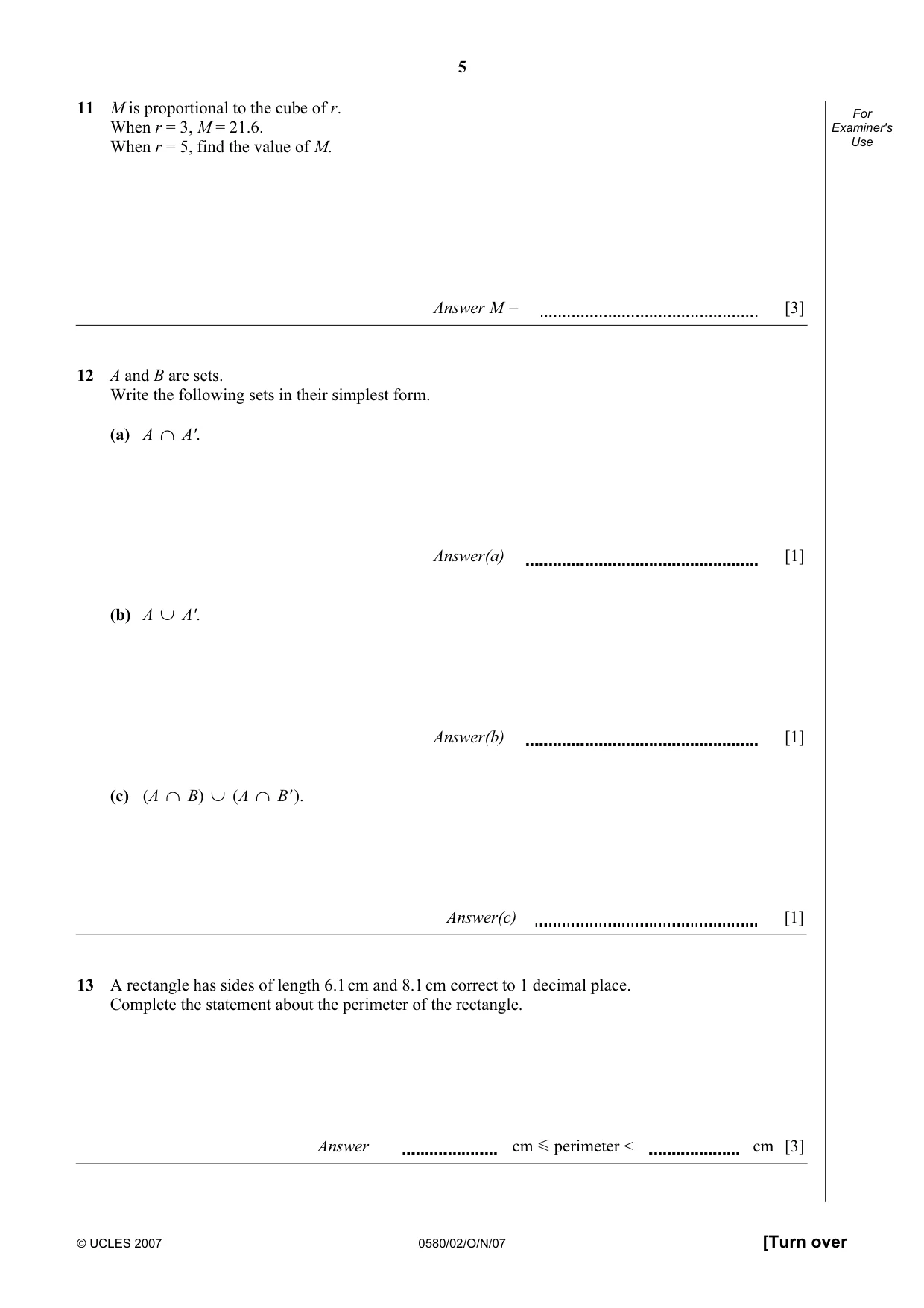 Cambridge IGCSE Mathematics 0580 2007 Oct/Nov Paper 2 · Variant 1 question paper, page 5 of 12