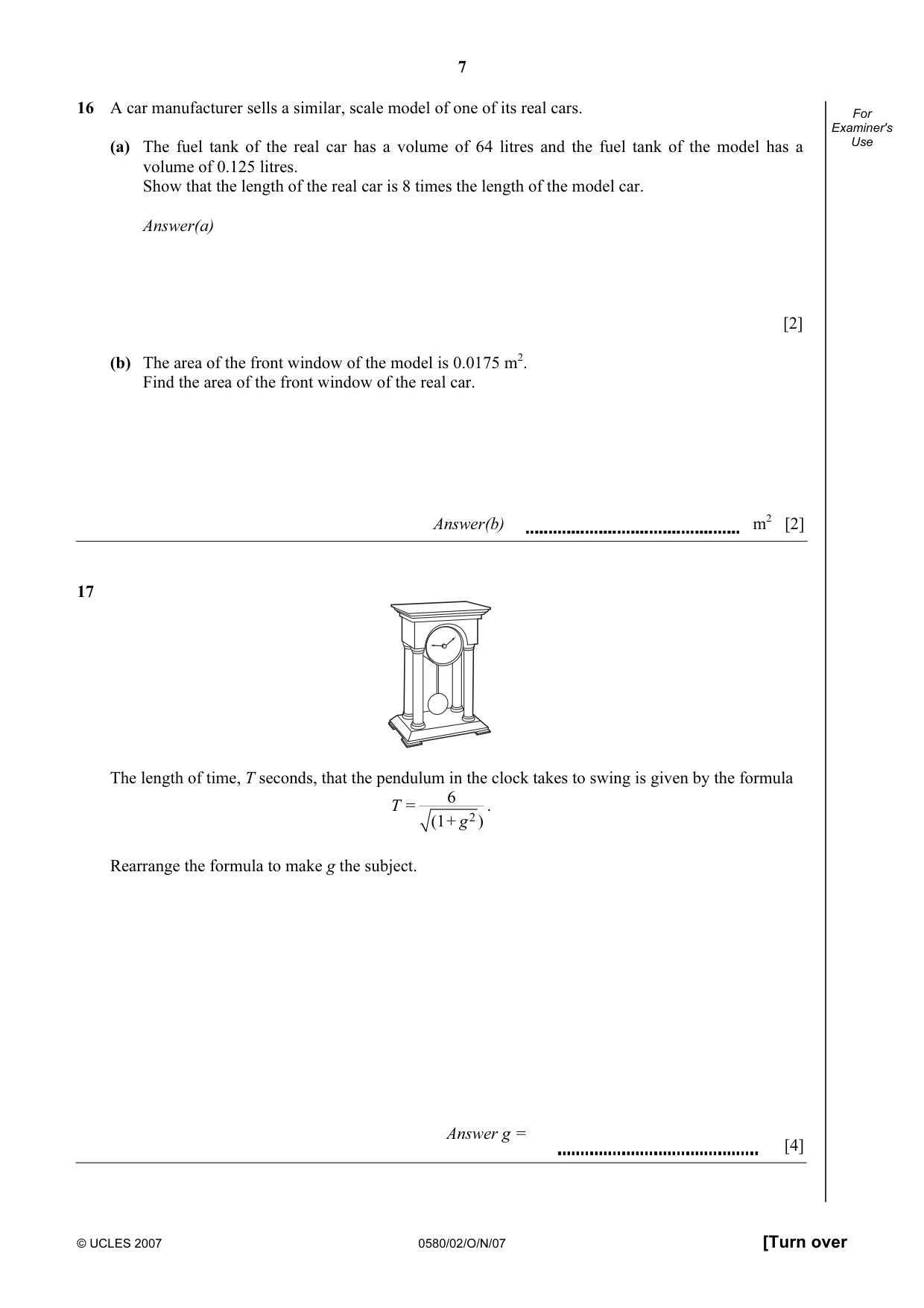 Cambridge IGCSE Mathematics 0580 2007 Oct/Nov Paper 2 · Variant 1 question paper, page 7 of 12