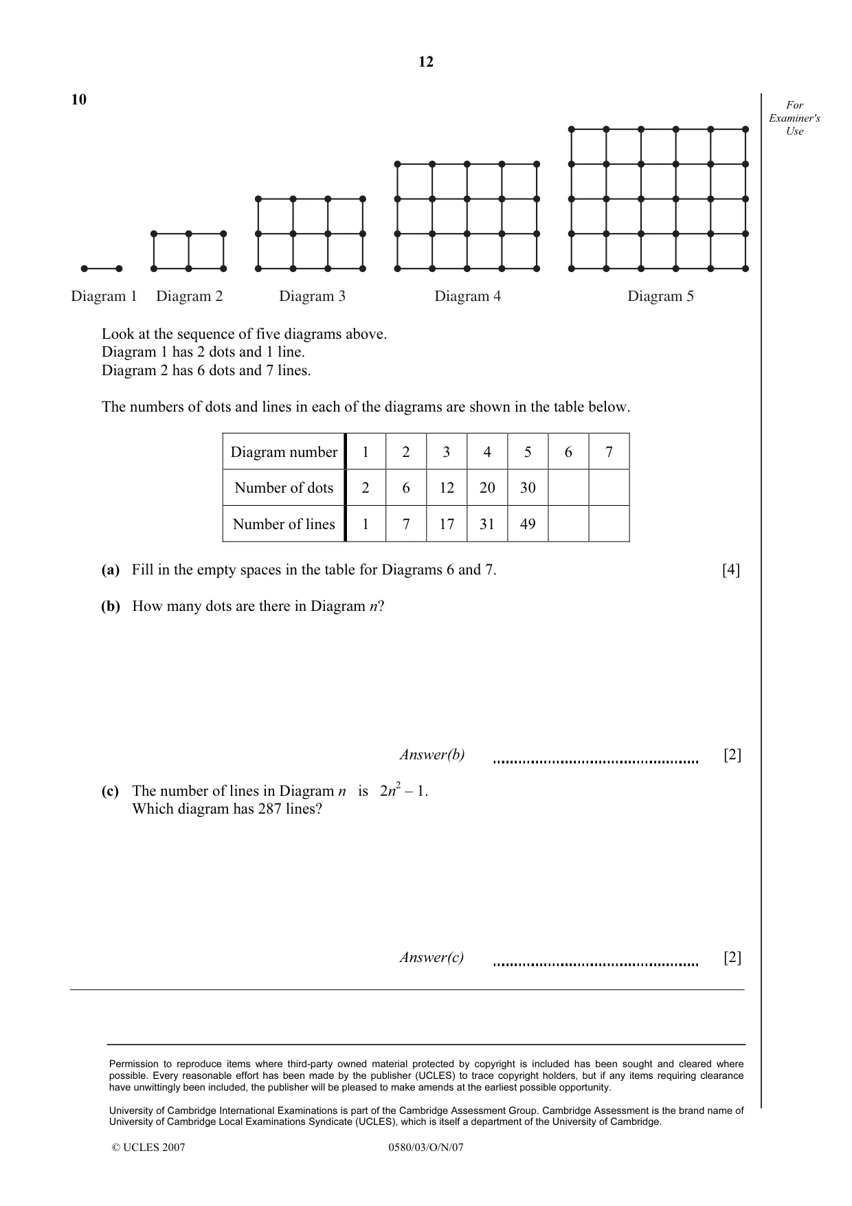 Cambridge IGCSE Mathematics 0580 2007 Oct/Nov Paper 3 · Variant 1 question paper, page 12 of 12