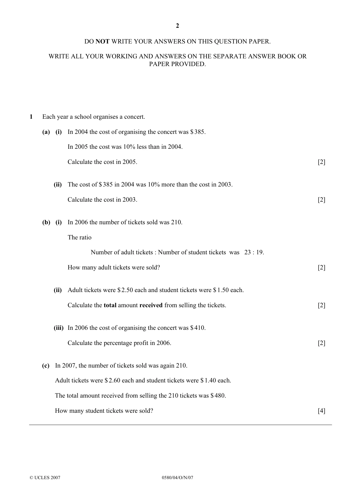Cambridge IGCSE Mathematics 0580 2007 Oct/Nov Paper 4 · Variant 1 question paper, page 2 of 12