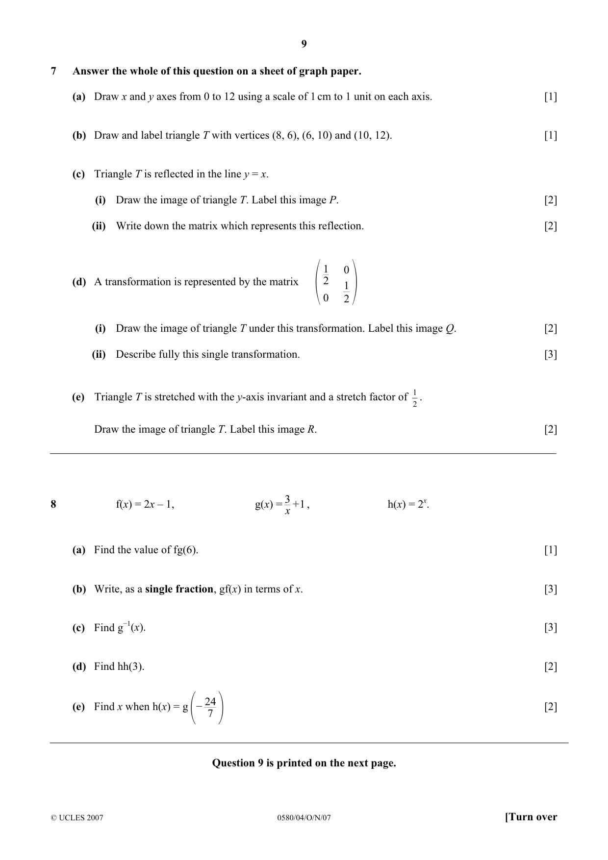Cambridge IGCSE Mathematics 0580 2007 Oct/Nov Paper 4 · Variant 1 question paper, page 9 of 12