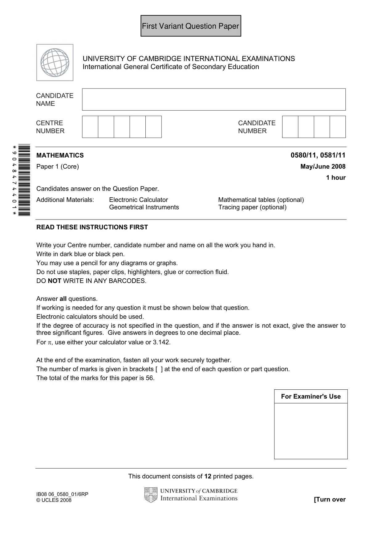 Cambridge IGCSE Mathematics 0580 2008 May/June Paper 1 · Variant 1 question paper, page 2 of 25