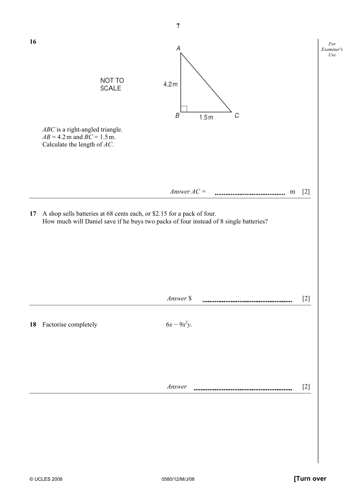 Cambridge IGCSE Mathematics 0580 2008 May/June Paper 1 · Variant 1 question paper, page 20 of 25