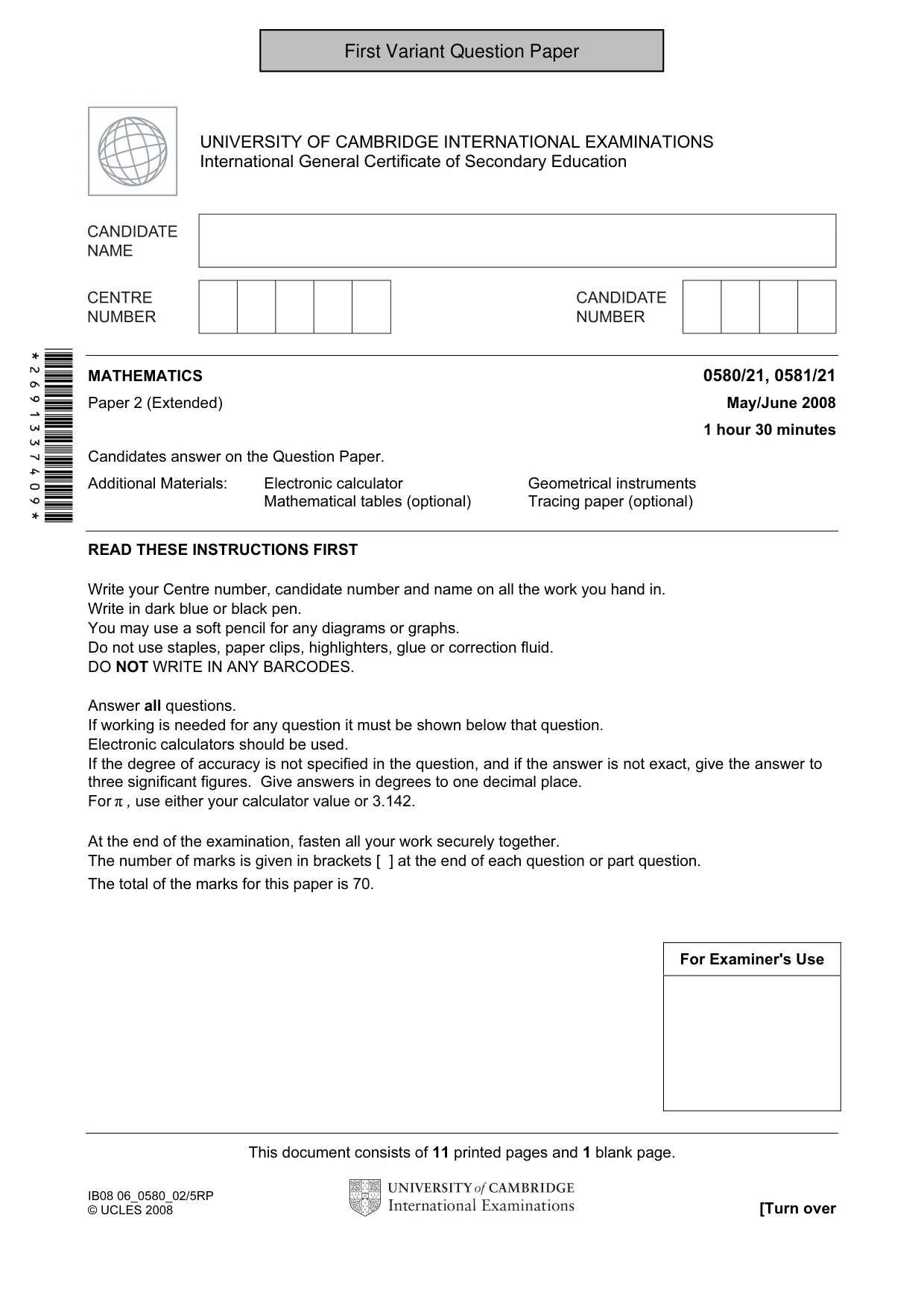 Cambridge IGCSE Mathematics 0580 2008 May/June Paper 2 · Variant 1 question paper, page 2 of 25