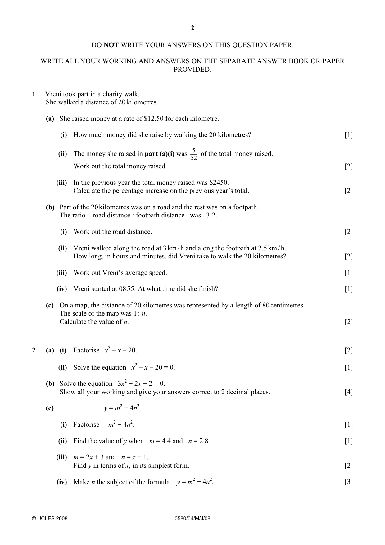 Cambridge IGCSE Mathematics 0580 2008 May/June Paper 4 · Variant 1 question paper, page 2 of 16