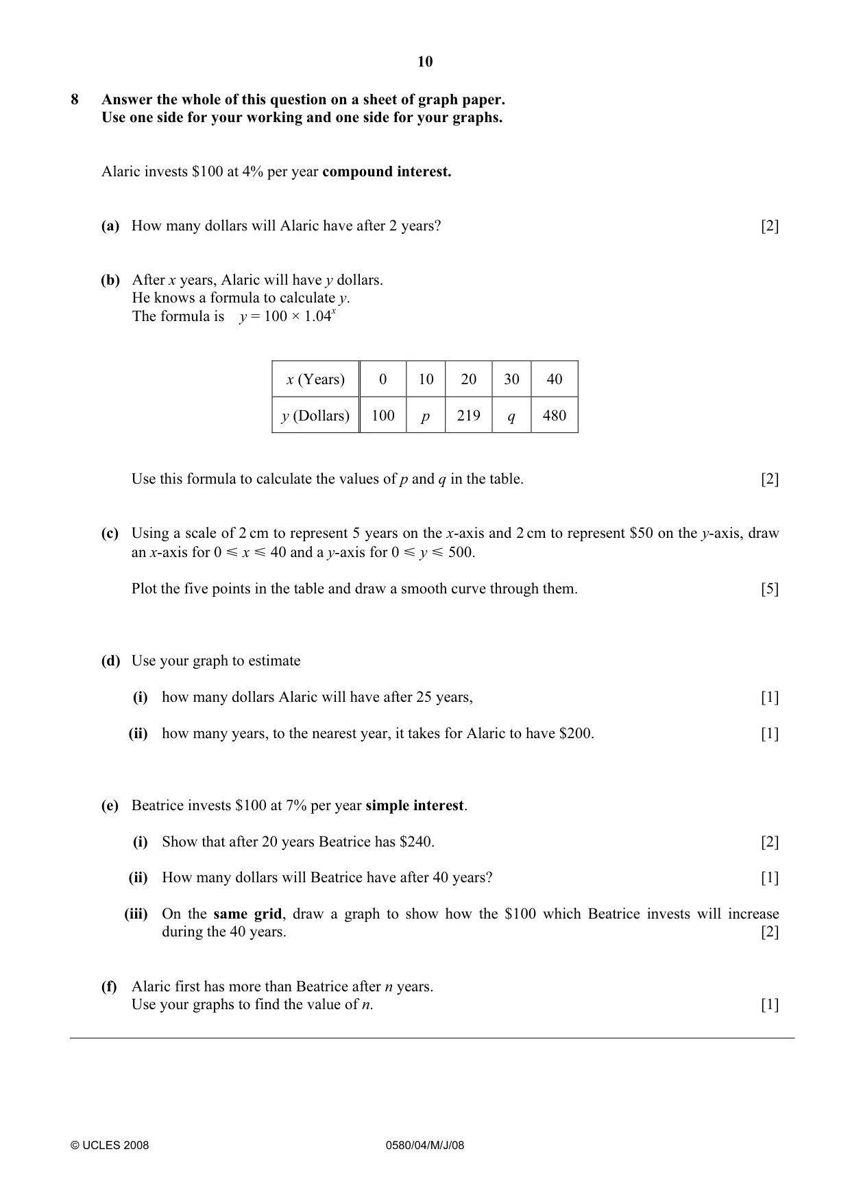 Cambridge IGCSE Mathematics 0580 2008 May/June Paper 4 · Variant 1 question paper, page 10 of 16