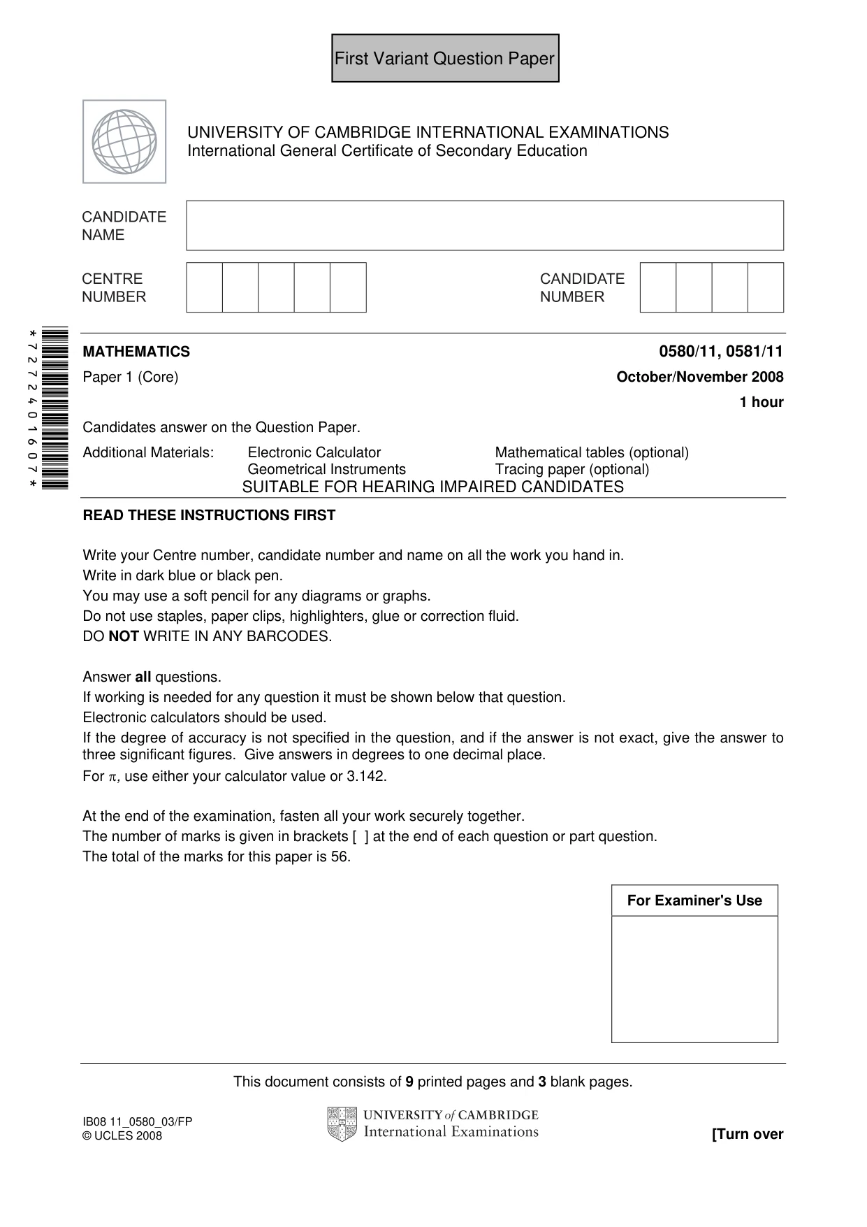 Cambridge IGCSE Mathematics 0580 2008 Oct/Nov Paper 1 · Variant 0 question paper, page 2 of 25